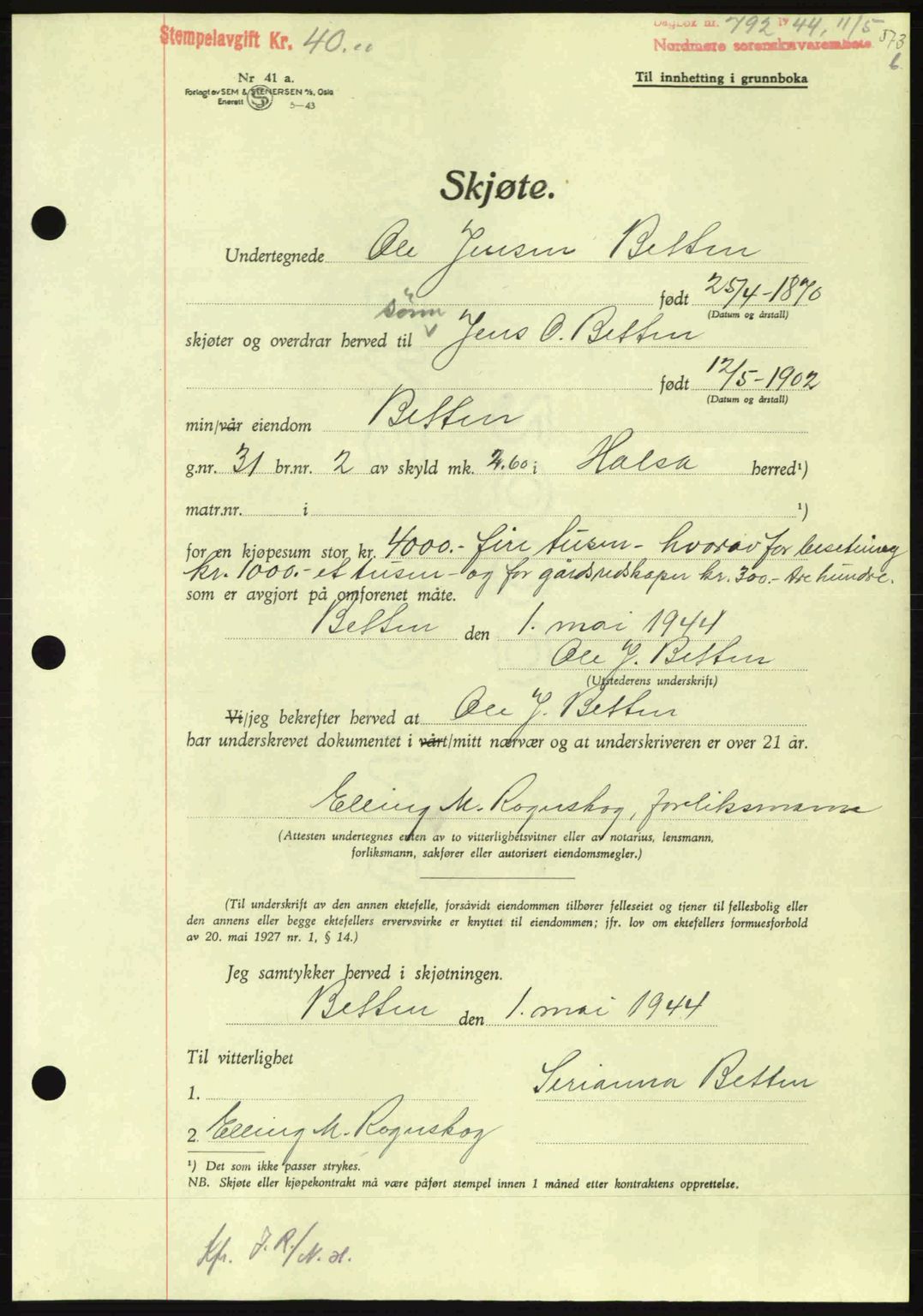 Nordmøre sorenskriveri, AV/SAT-A-4132/1/2/2Ca: Mortgage book no. A97, 1944-1944, Diary no: : 792/1944