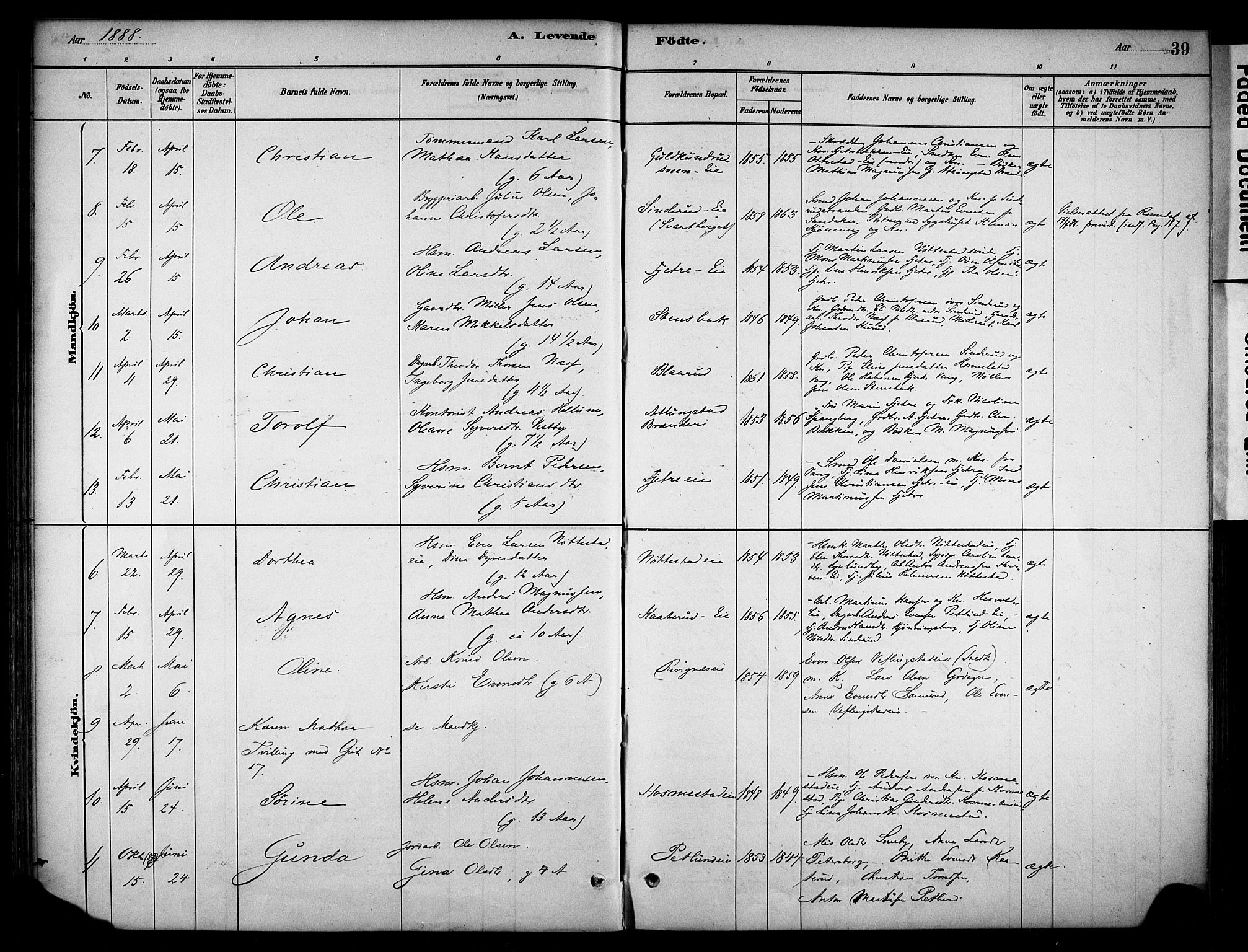 Stange prestekontor, SAH/PREST-002/K/L0019: Parish register (official) no. 19, 1880-1891, p. 39