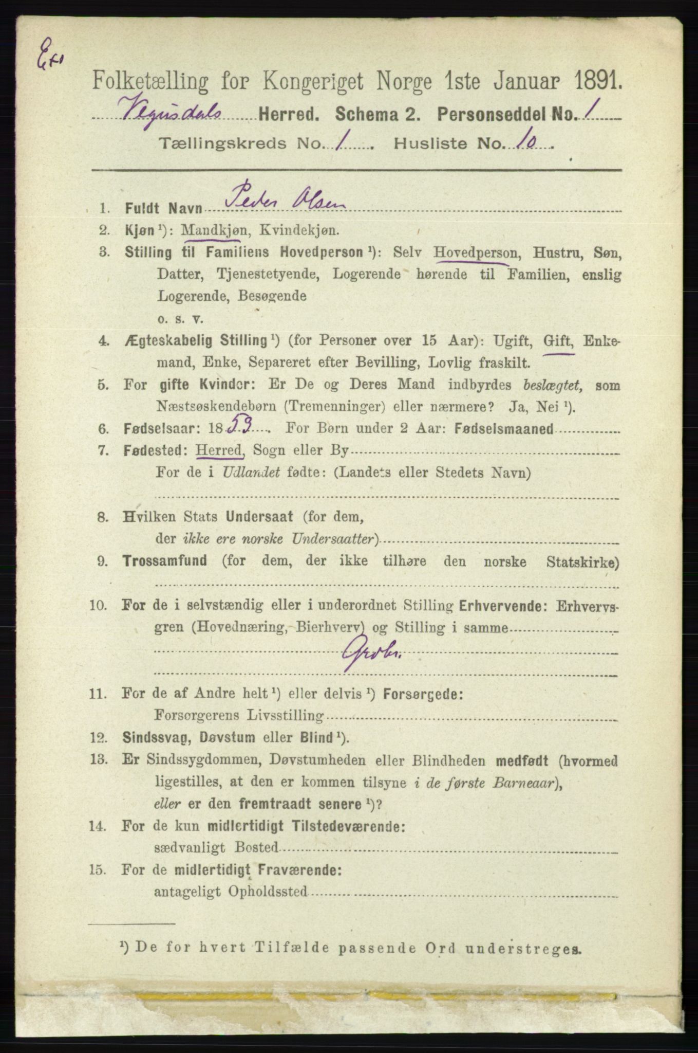 RA, Census 1891 for Nedenes amt: Gjenparter av personsedler for beslektede ektefeller, menn, 1891, p. 907