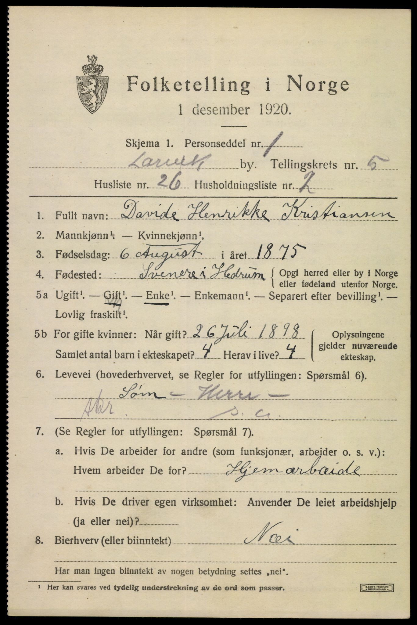 SAKO, 1920 census for Larvik, 1920, p. 16538