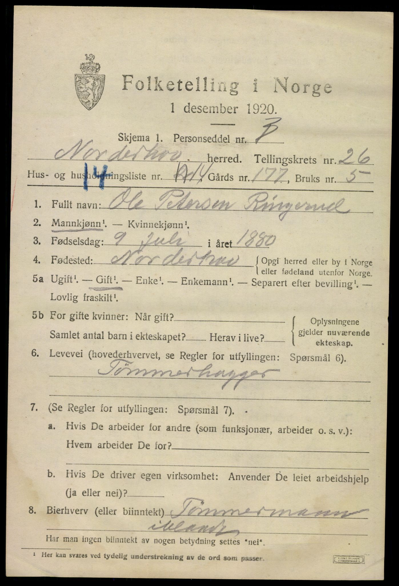 SAKO, 1920 census for Norderhov, 1920, p. 24261