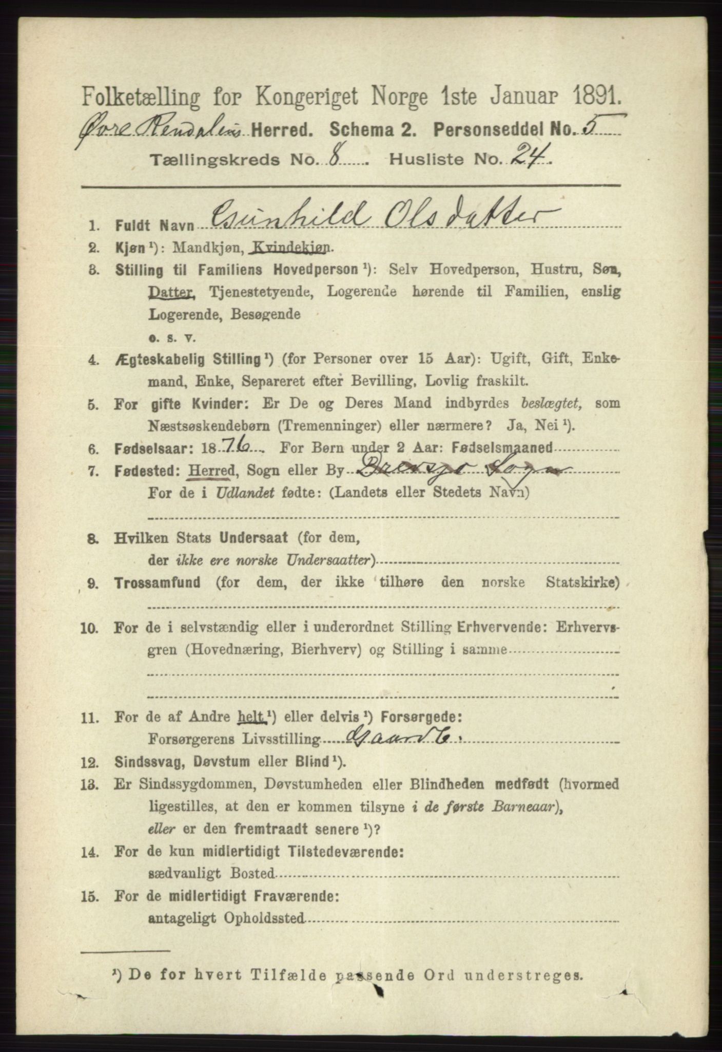 RA, 1891 census for 0433 Øvre Rendal, 1891, p. 2171