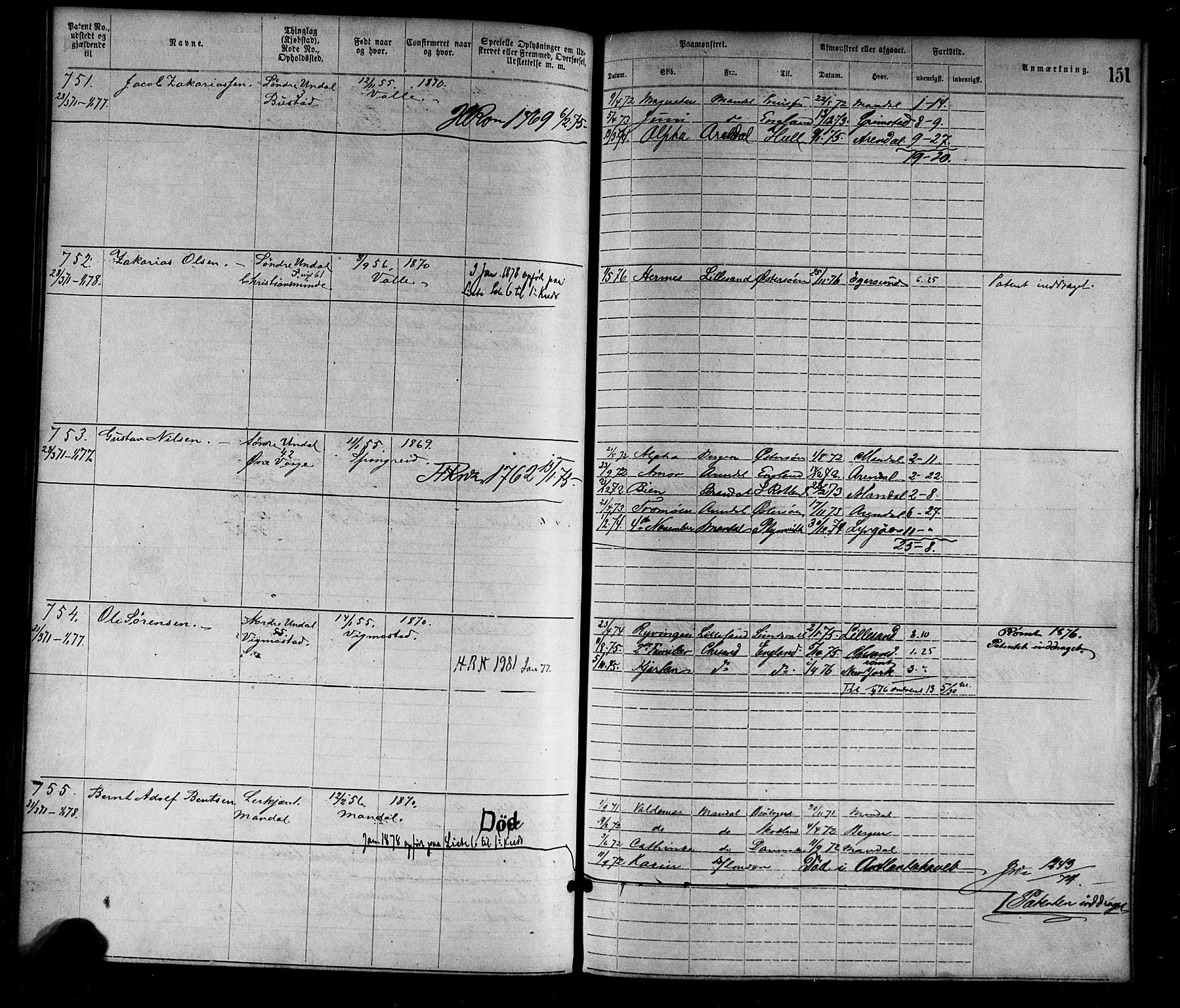 Mandal mønstringskrets, SAK/2031-0016/F/Fa/L0001: Annotasjonsrulle nr 1-1920 med register, L-3, 1869-1881, p. 183