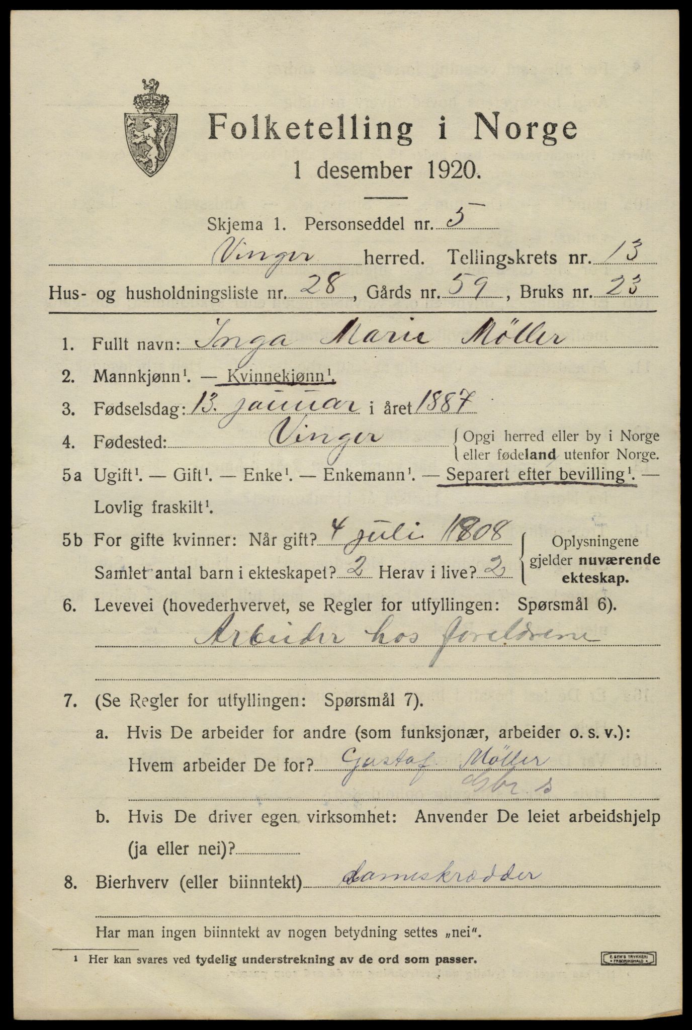 SAH, 1920 census for Vinger, 1920, p. 11364