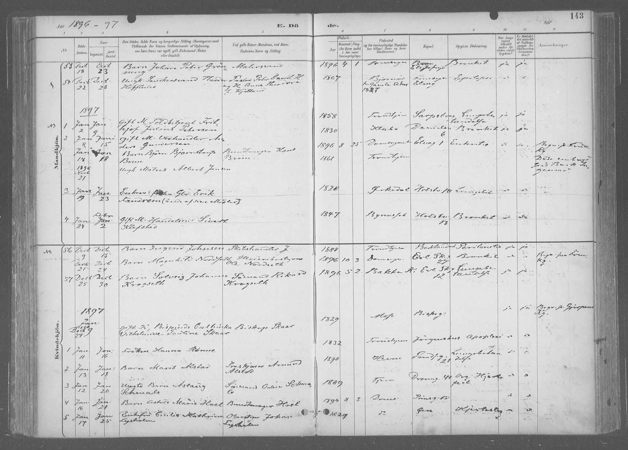 Ministerialprotokoller, klokkerbøker og fødselsregistre - Sør-Trøndelag, SAT/A-1456/601/L0064: Parish register (official) no. 601A31, 1891-1911, p. 143