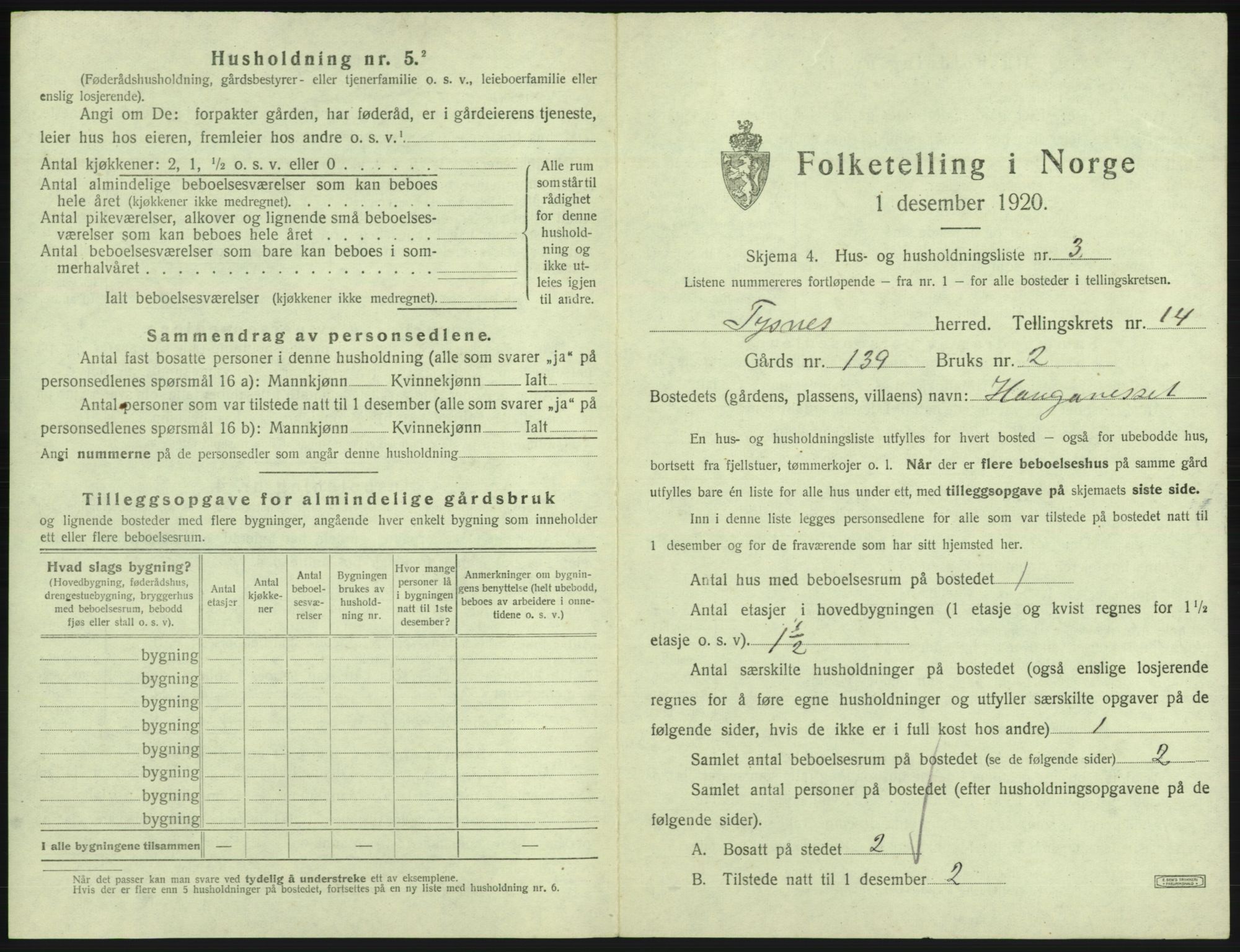 SAB, 1920 census for Tysnes, 1920, p. 1391