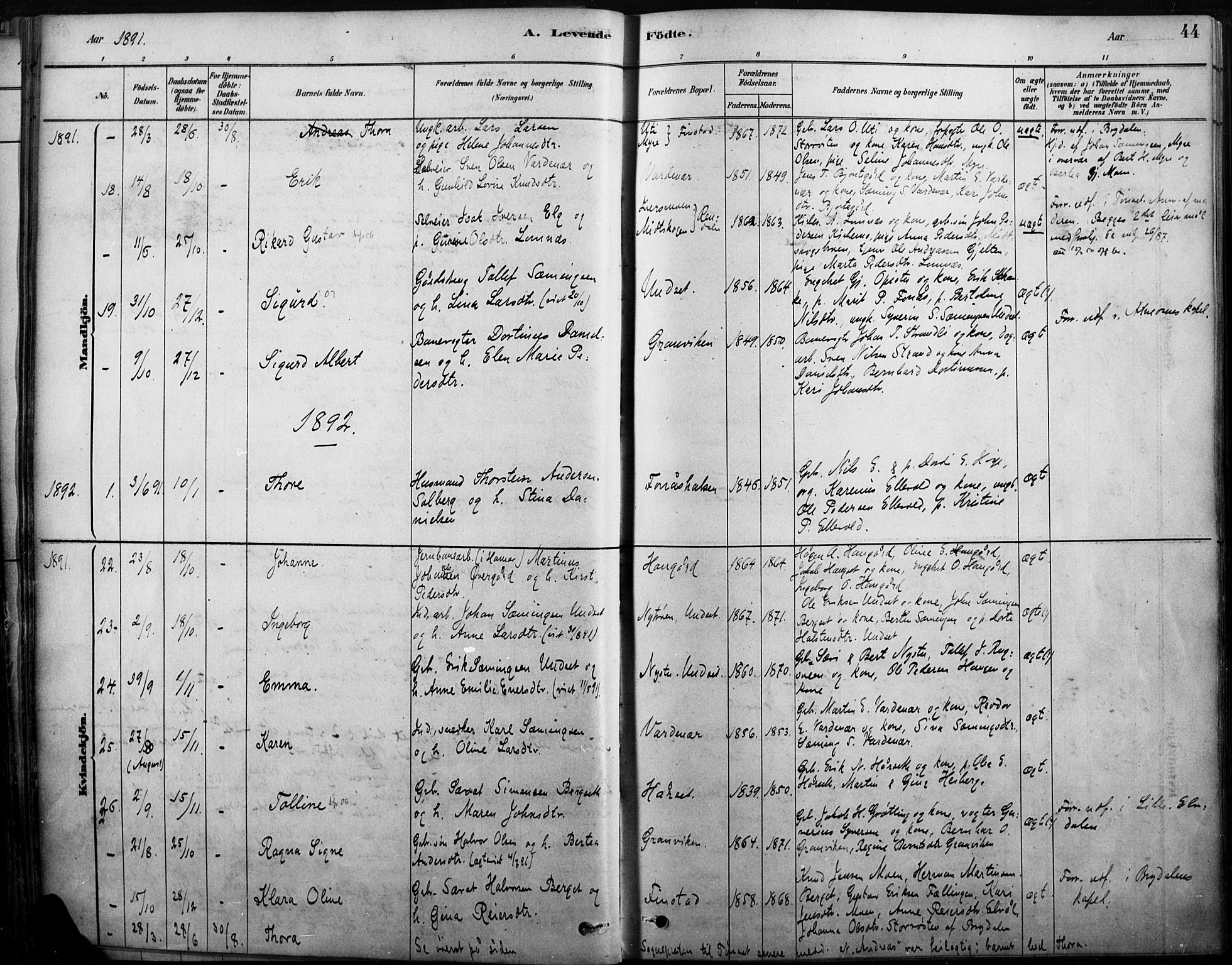 Rendalen prestekontor, SAH/PREST-054/H/Ha/Haa/L0009: Parish register (official) no. 9, 1878-1901, p. 44