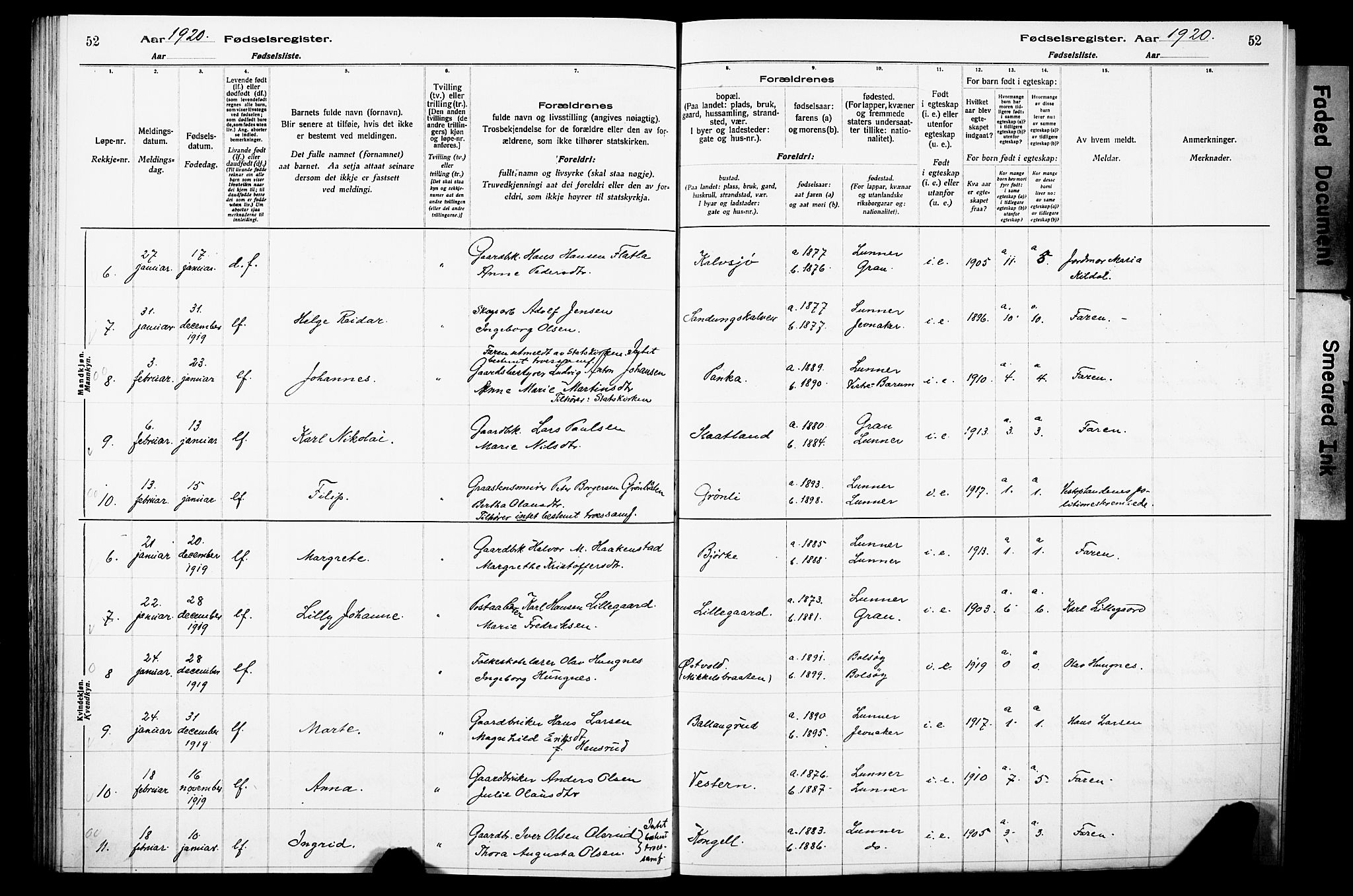 Lunner prestekontor, AV/SAH-PREST-118/I/Id/L0001: Birth register no. 1, 1916-1932, p. 52