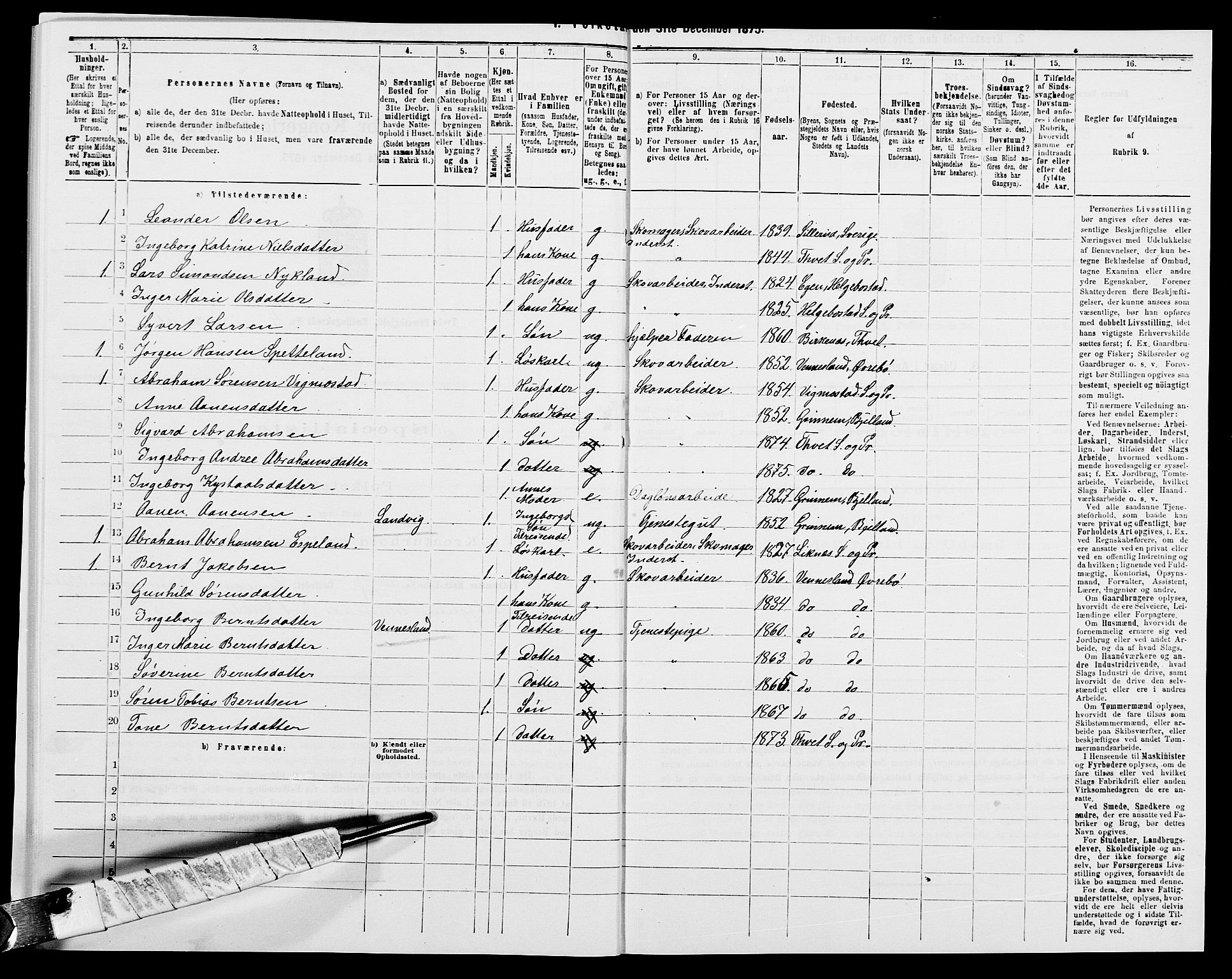 SAK, 1875 census for 1013P Tveit, 1875, p. 607