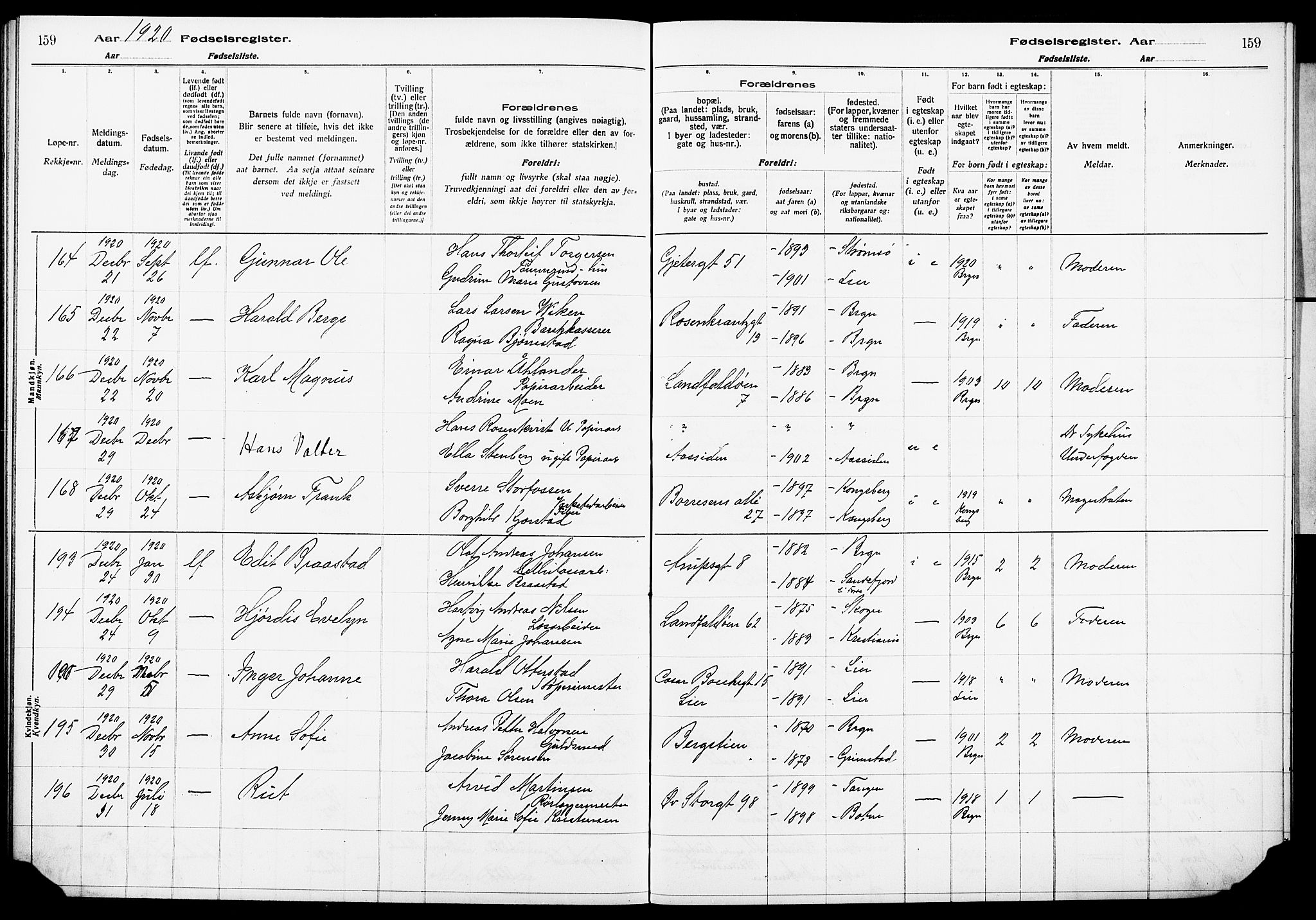 Bragernes kirkebøker, SAKO/A-6/J/Ja/L0001: Birth register no. 1, 1916-1922, p. 159