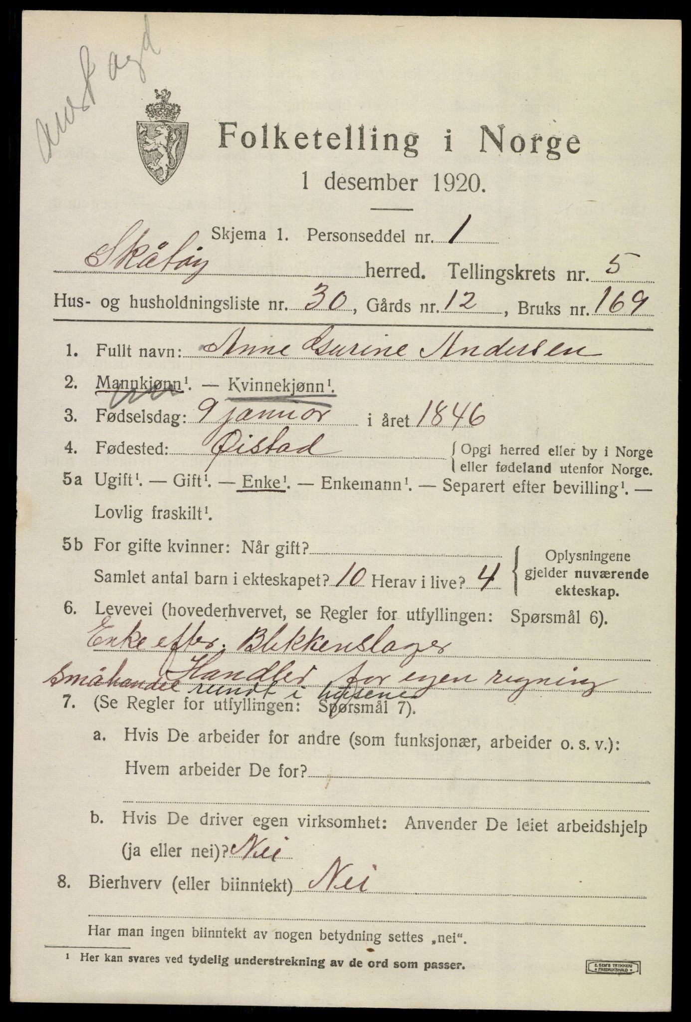 SAKO, 1920 census for Skåtøy, 1920, p. 4230