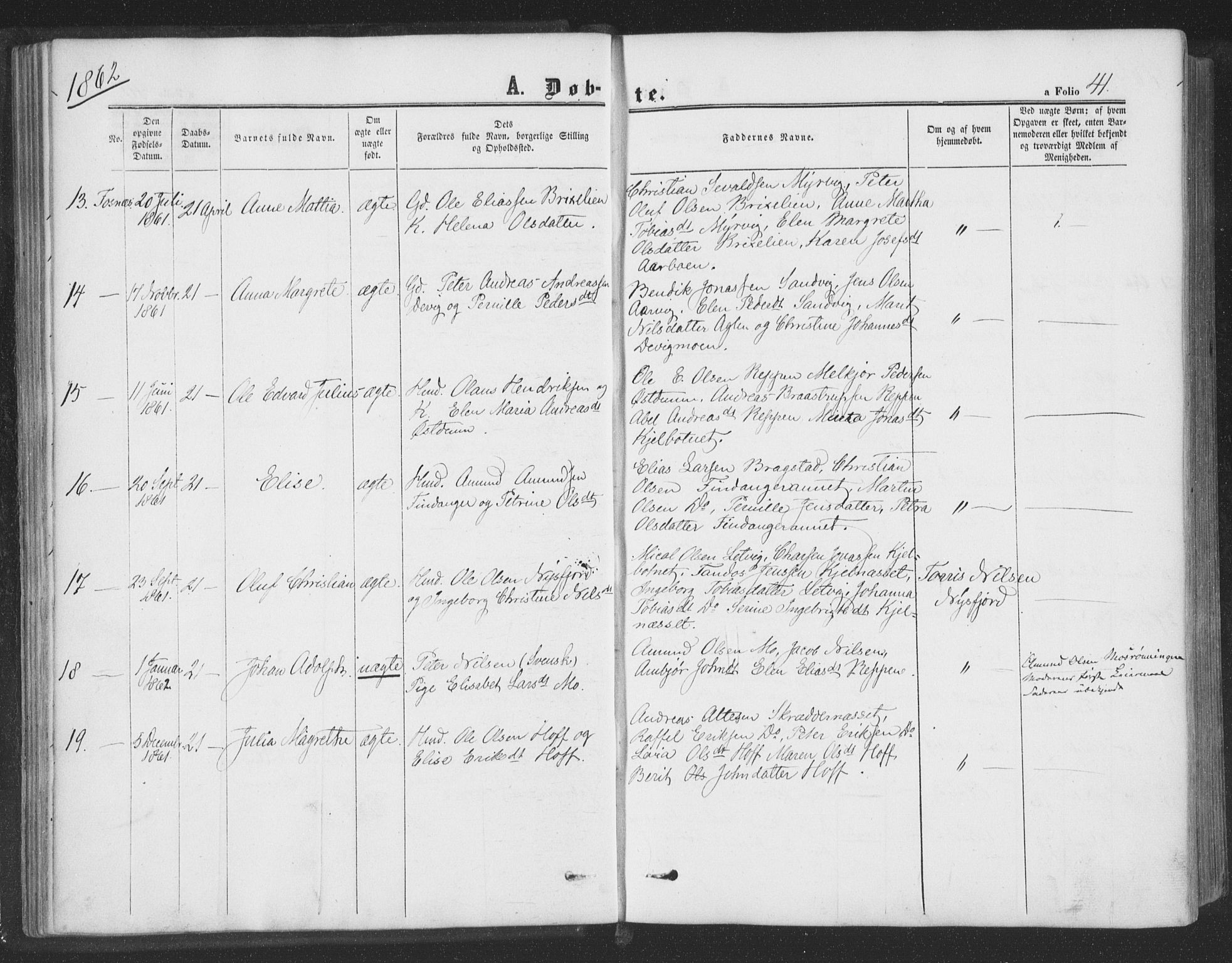 Ministerialprotokoller, klokkerbøker og fødselsregistre - Nord-Trøndelag, AV/SAT-A-1458/773/L0615: Parish register (official) no. 773A06, 1857-1870, p. 41