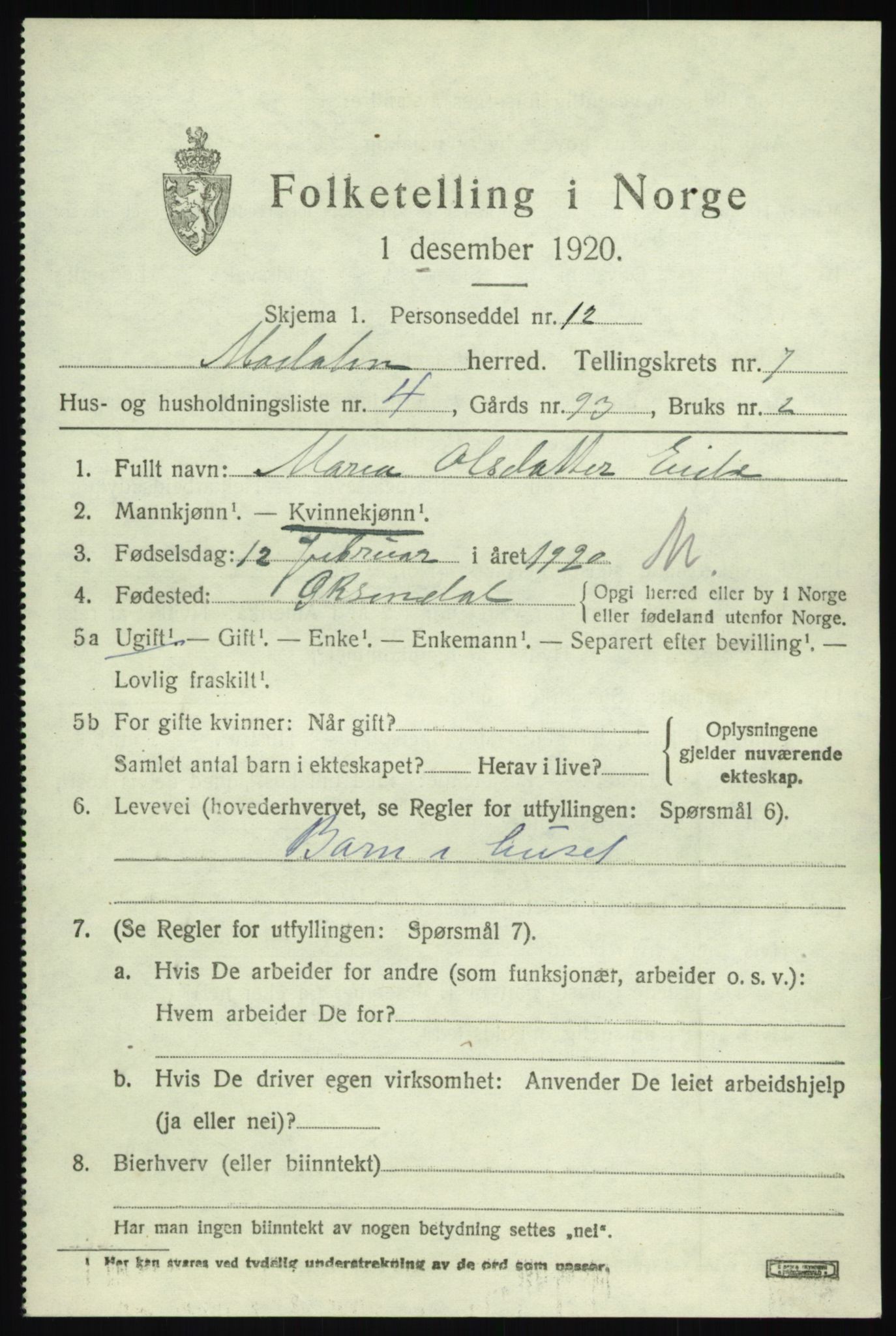 SAB, 1920 census for Modalen, 1920, p. 1450