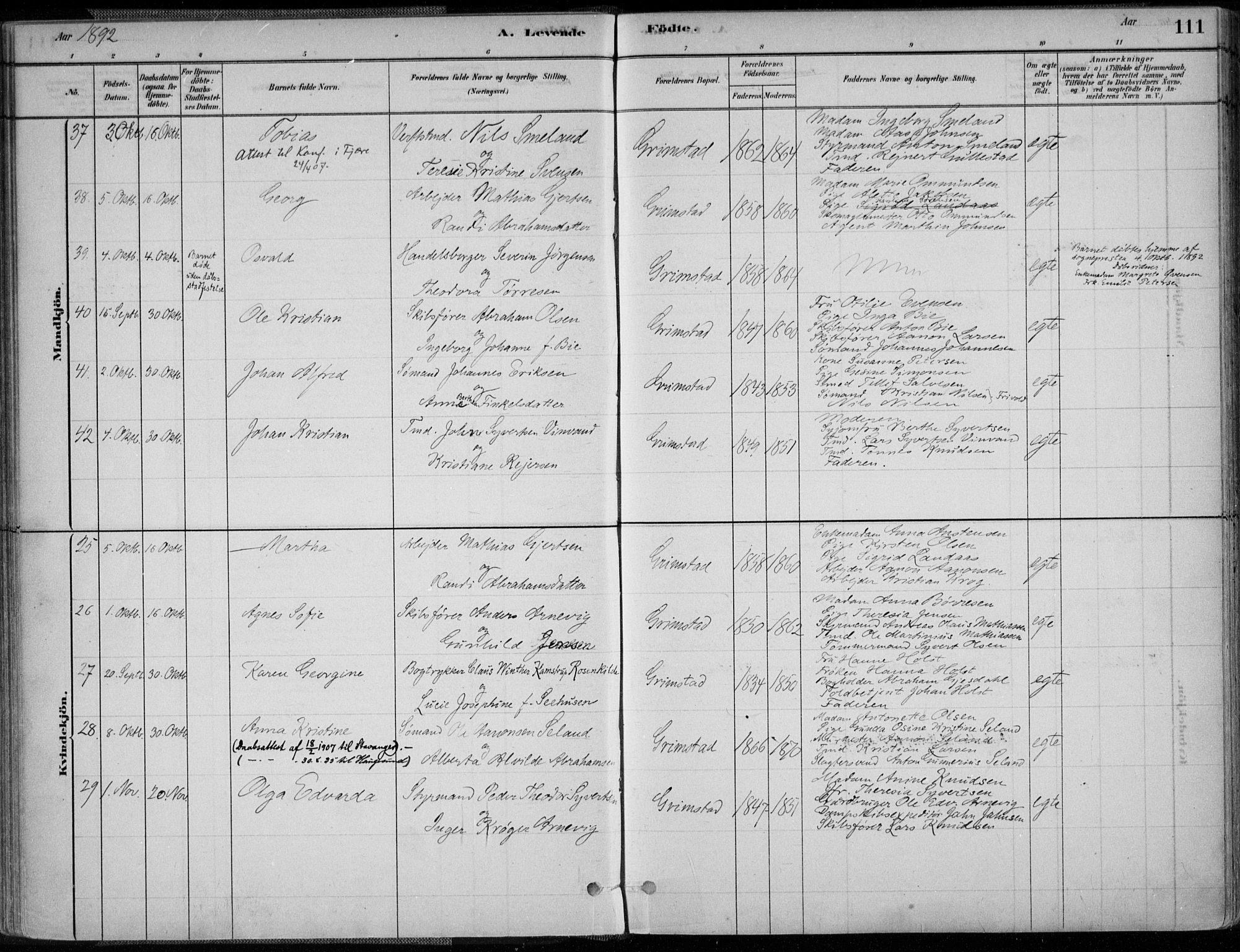 Grimstad sokneprestkontor, AV/SAK-1111-0017/F/Fa/L0003: Parish register (official) no. A 2, 1882-1912, p. 111
