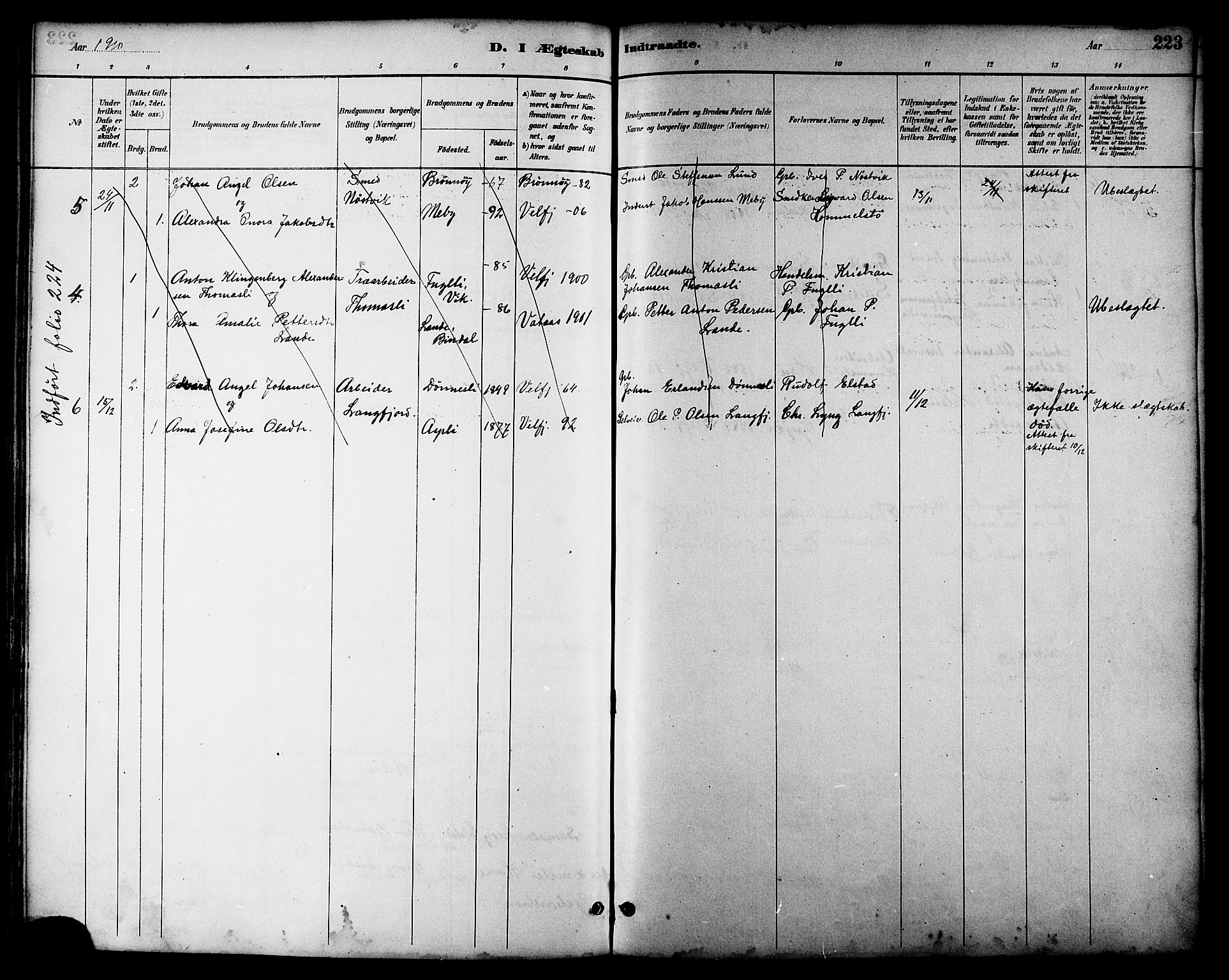 Ministerialprotokoller, klokkerbøker og fødselsregistre - Nordland, SAT/A-1459/814/L0230: Parish register (copy) no. 814C03, 1884-1911, p. 223