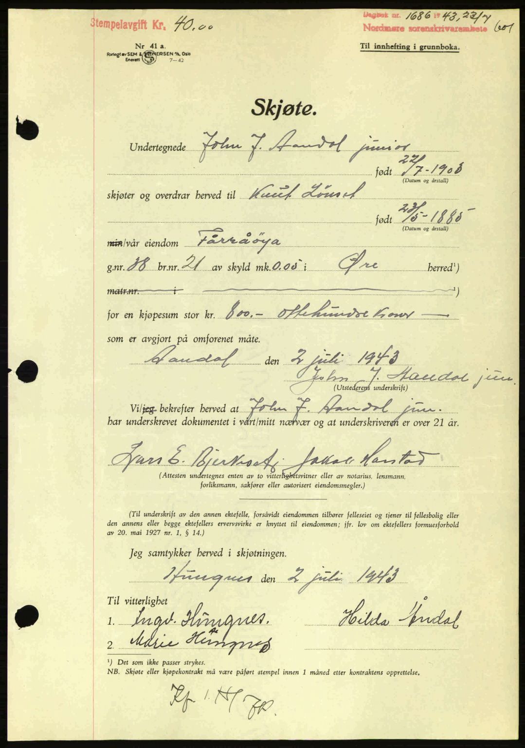 Nordmøre sorenskriveri, AV/SAT-A-4132/1/2/2Ca: Mortgage book no. A95, 1943-1943, Diary no: : 1686/1943