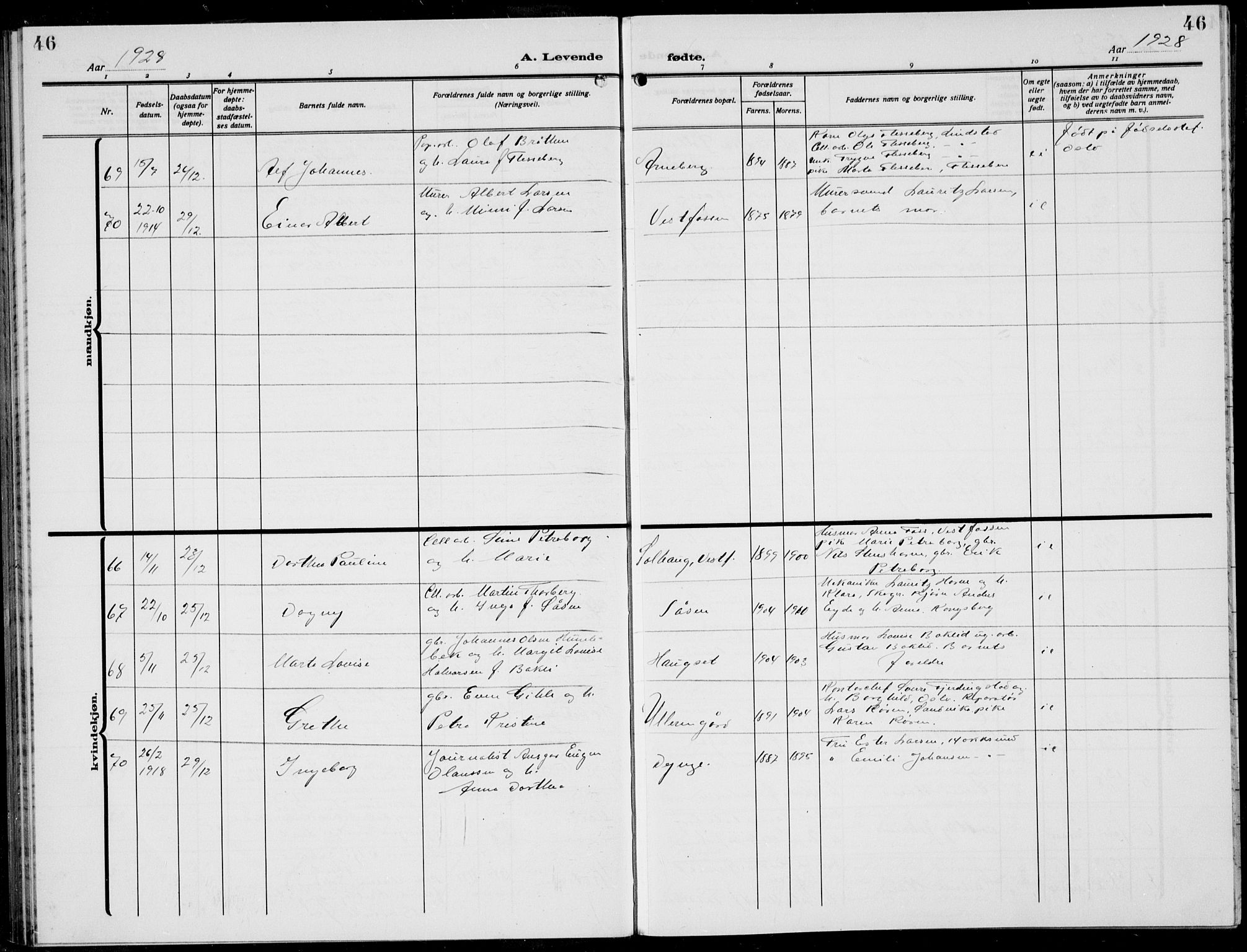 Eiker kirkebøker, AV/SAKO-A-4/G/Ga/L0010: Parish register (copy) no. I 10, 1925-1934, p. 46