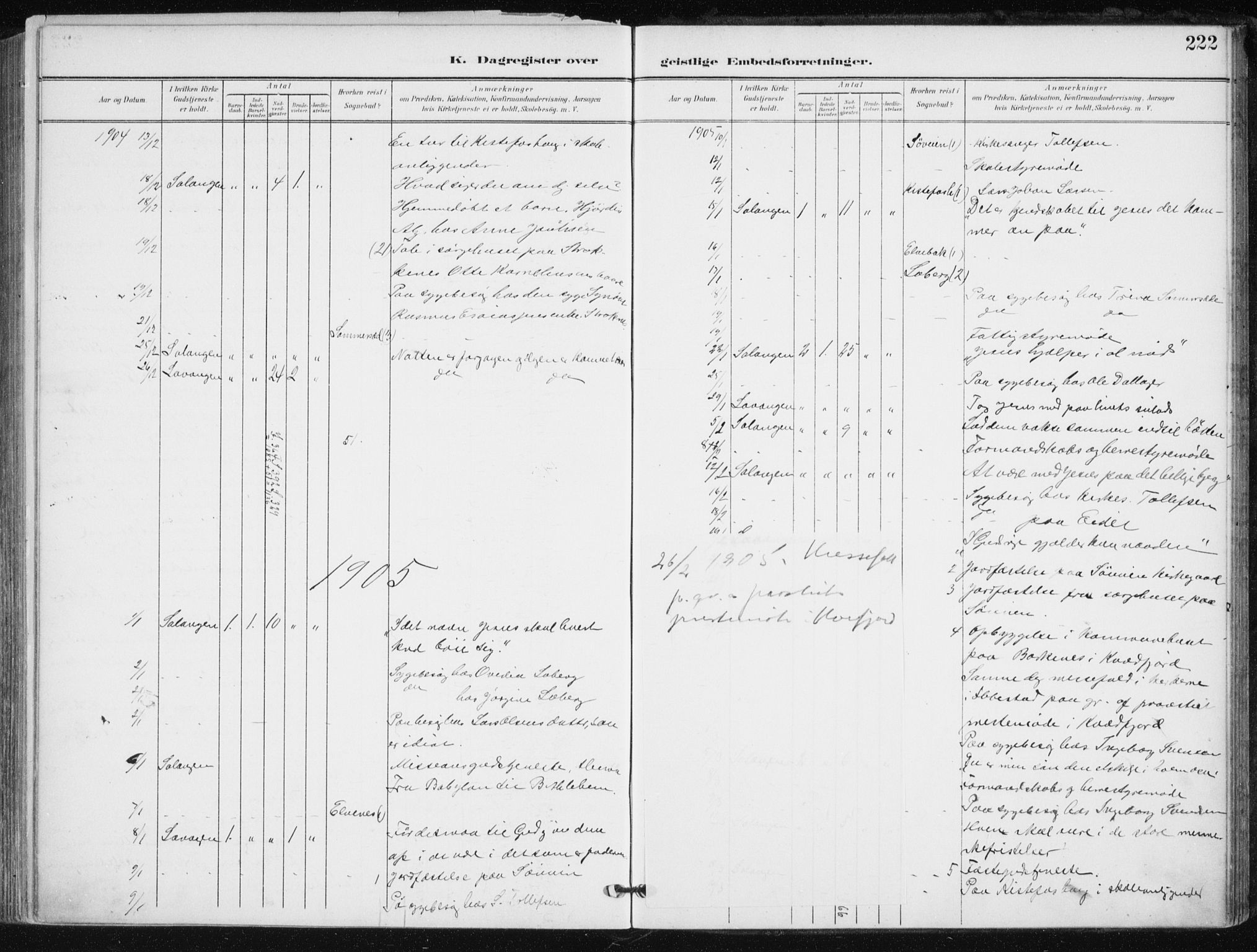 Salangen sokneprestembete, SATØ/S-1324/H/Ha/L0002kirke: Parish register (official) no. 2, 1902-1911, p. 222