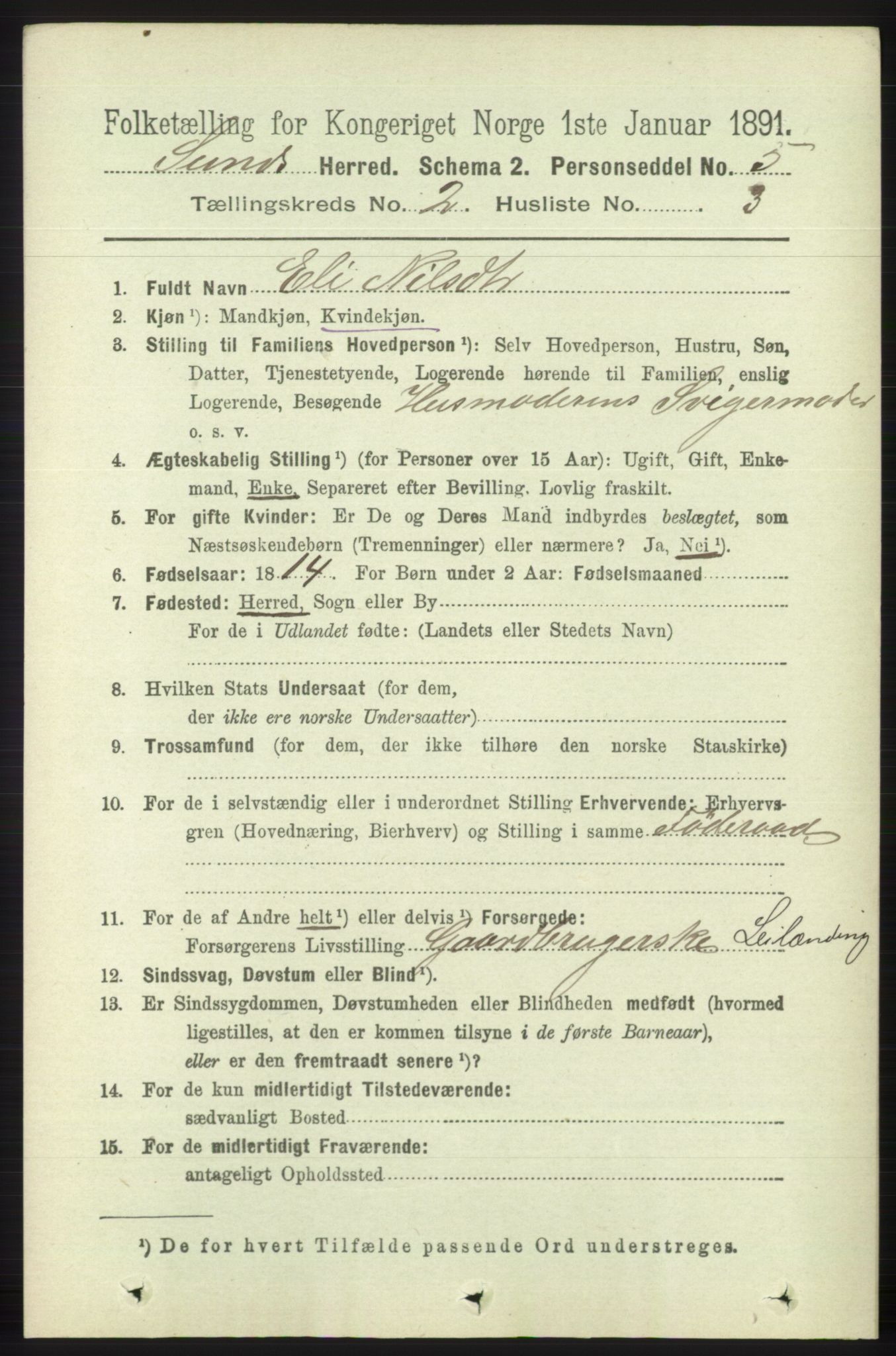 RA, 1891 census for 1245 Sund, 1891, p. 606