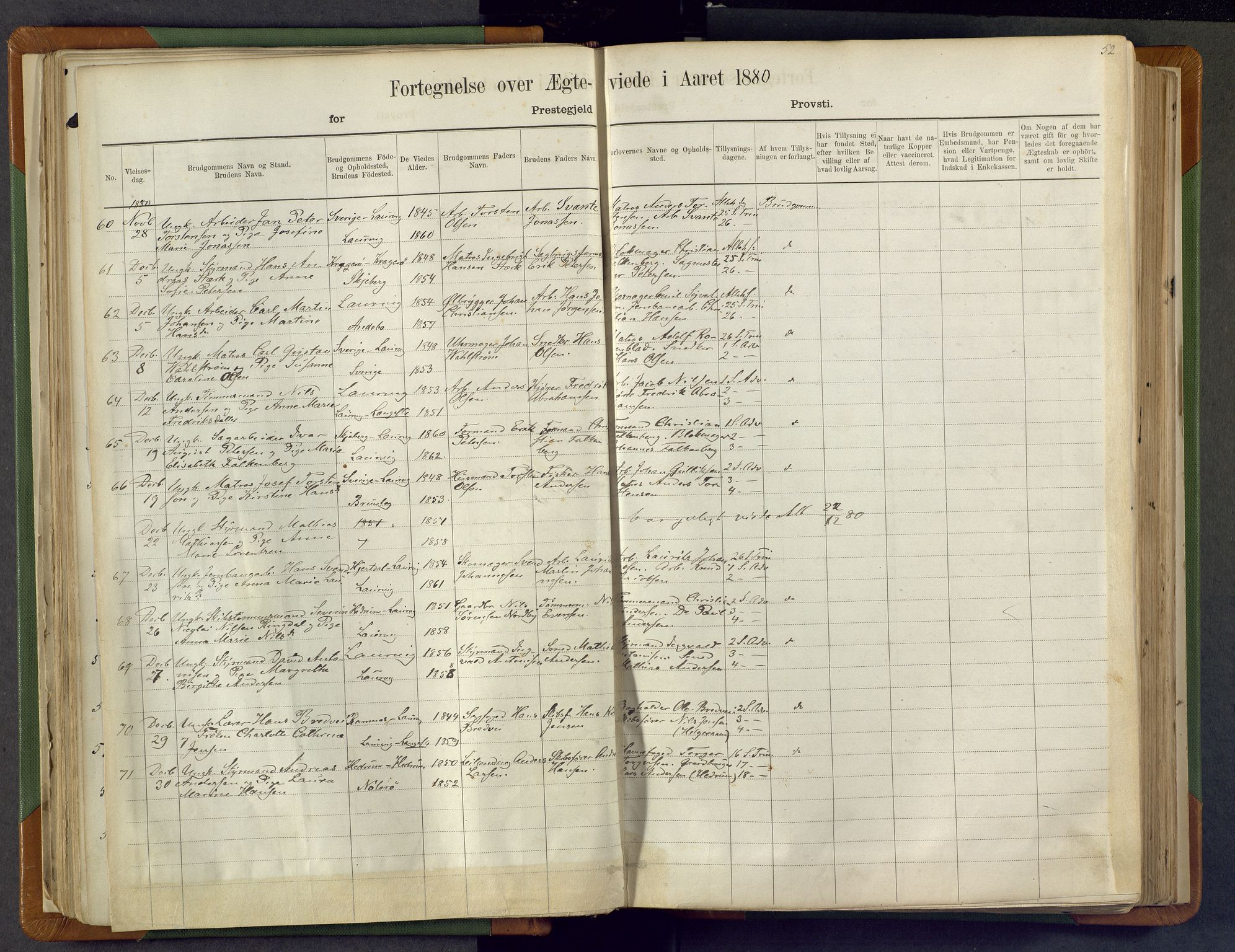 Larvik kirkebøker, SAKO/A-352/F/Fa/L0007: Parish register (official) no. I 7, 1871-1883, p. 52