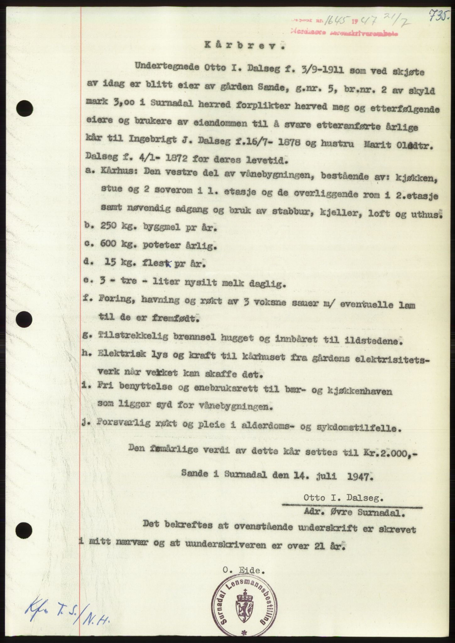 Nordmøre sorenskriveri, AV/SAT-A-4132/1/2/2Ca: Mortgage book no. B96, 1947-1947, Diary no: : 1645/1947