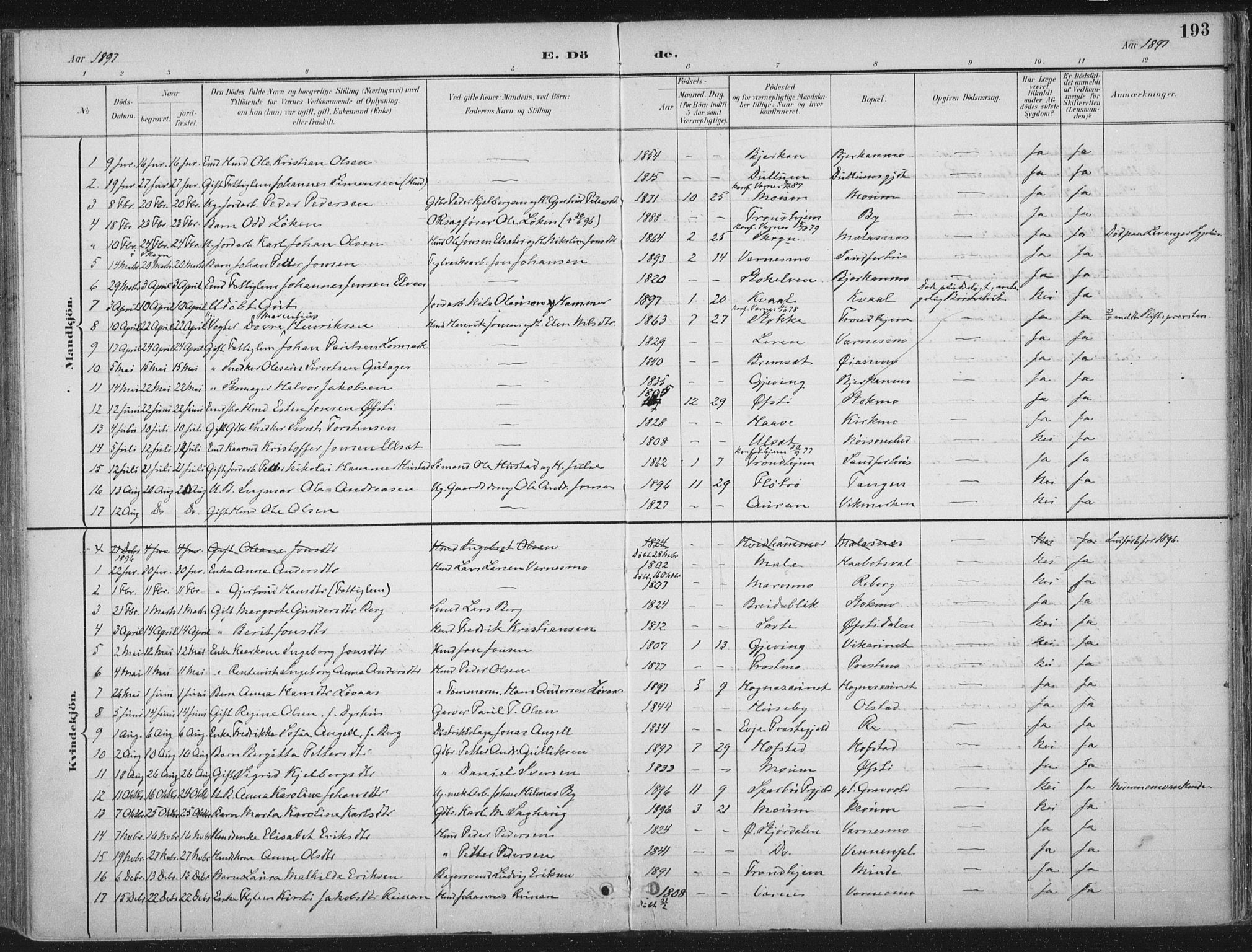 Ministerialprotokoller, klokkerbøker og fødselsregistre - Nord-Trøndelag, AV/SAT-A-1458/709/L0082: Parish register (official) no. 709A22, 1896-1916, p. 193