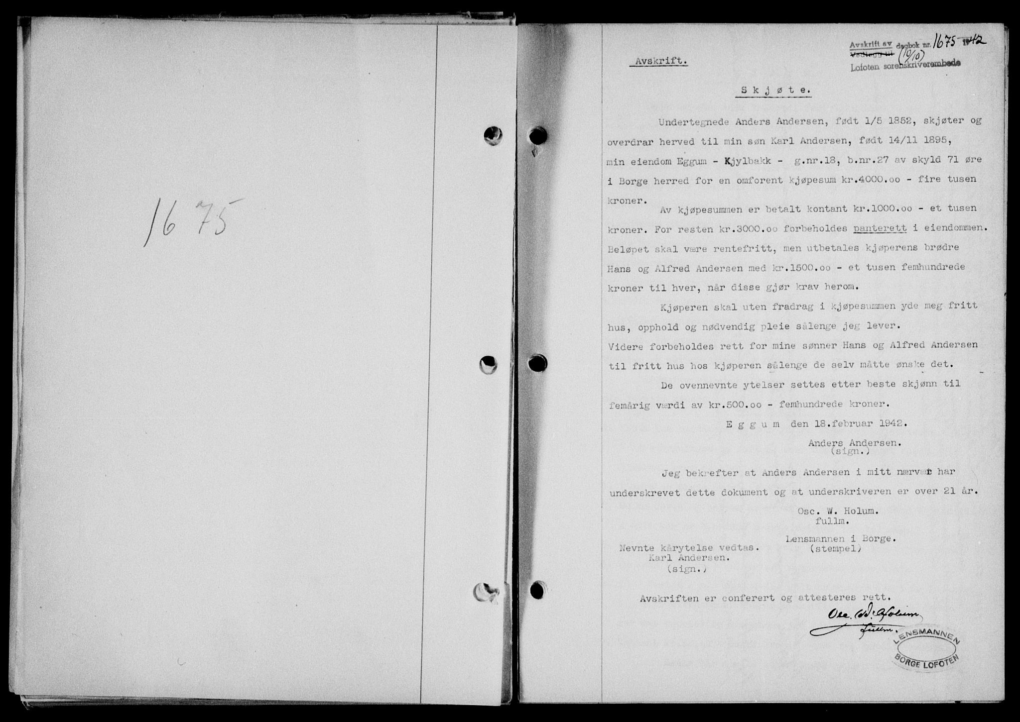 Lofoten sorenskriveri, SAT/A-0017/1/2/2C/L0010a: Mortgage book no. 10a, 1942-1943, Diary no: : 1675/1942