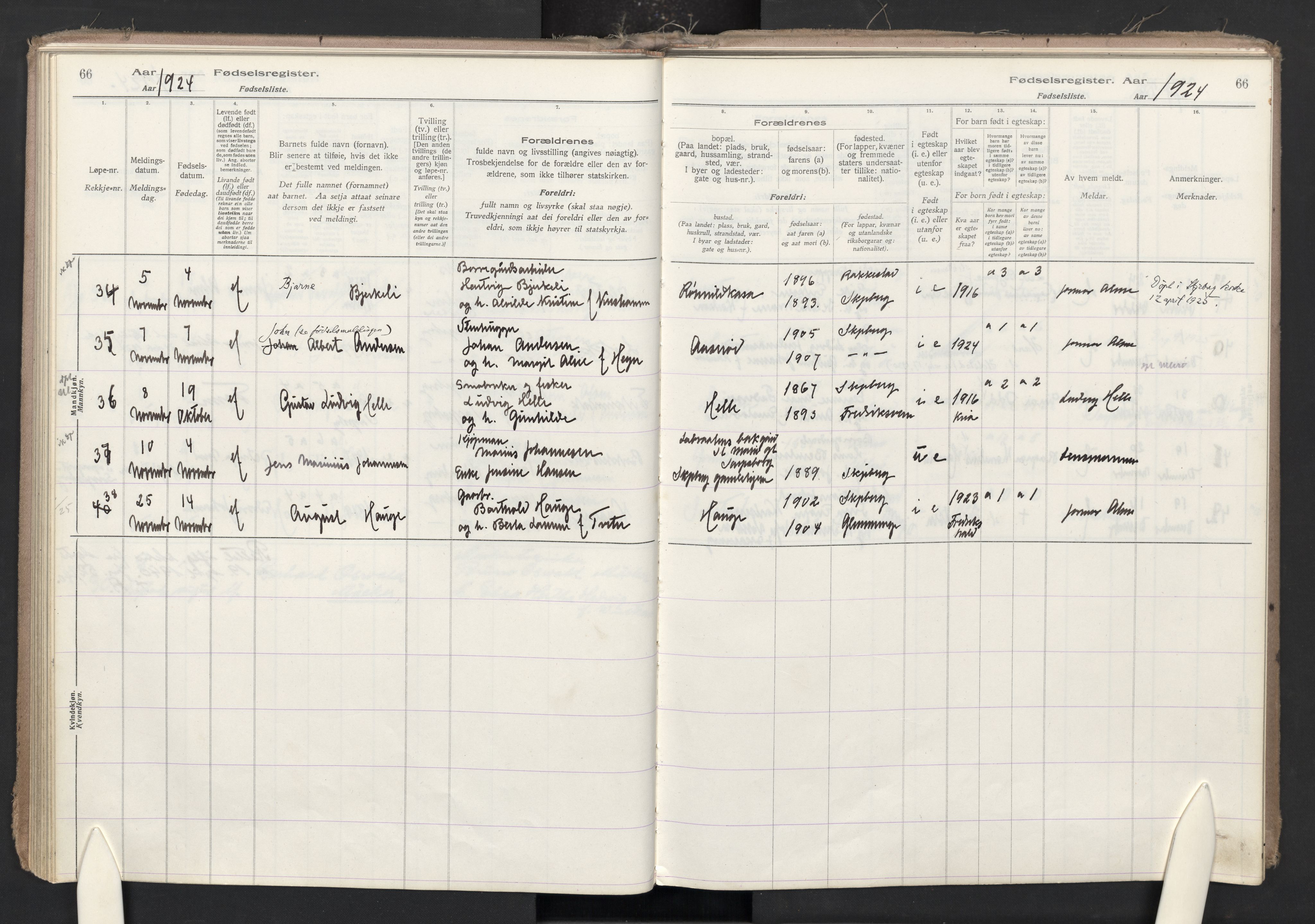 Skjeberg prestekontor Kirkebøker, AV/SAO-A-10923/J/Ja/L0001: Birth register no. I 1, 1916-1945, p. 66