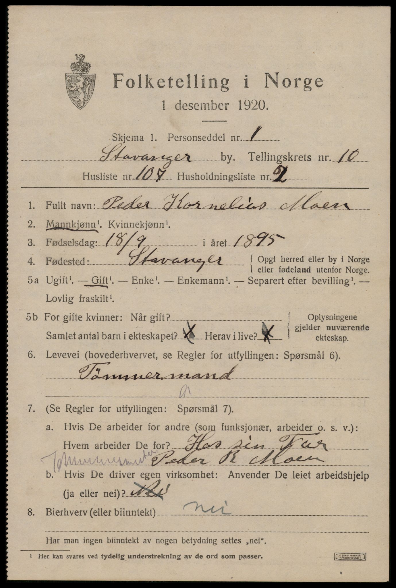 SAST, 1920 census for Stavanger, 1920, p. 53640