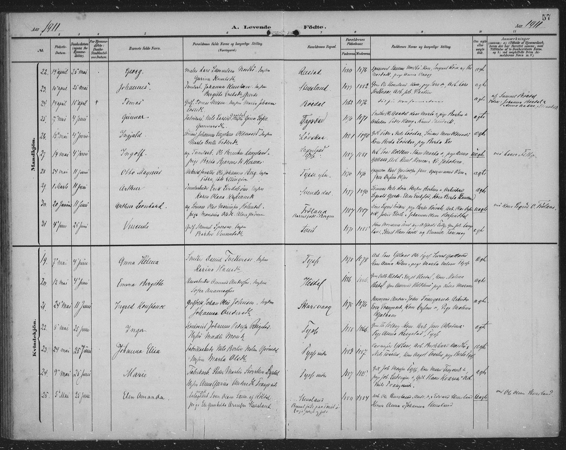 Samnanger Sokneprestembete, AV/SAB-A-77501/H/Haa: Parish register (official) no. A 2, 1902-1918, p. 57
