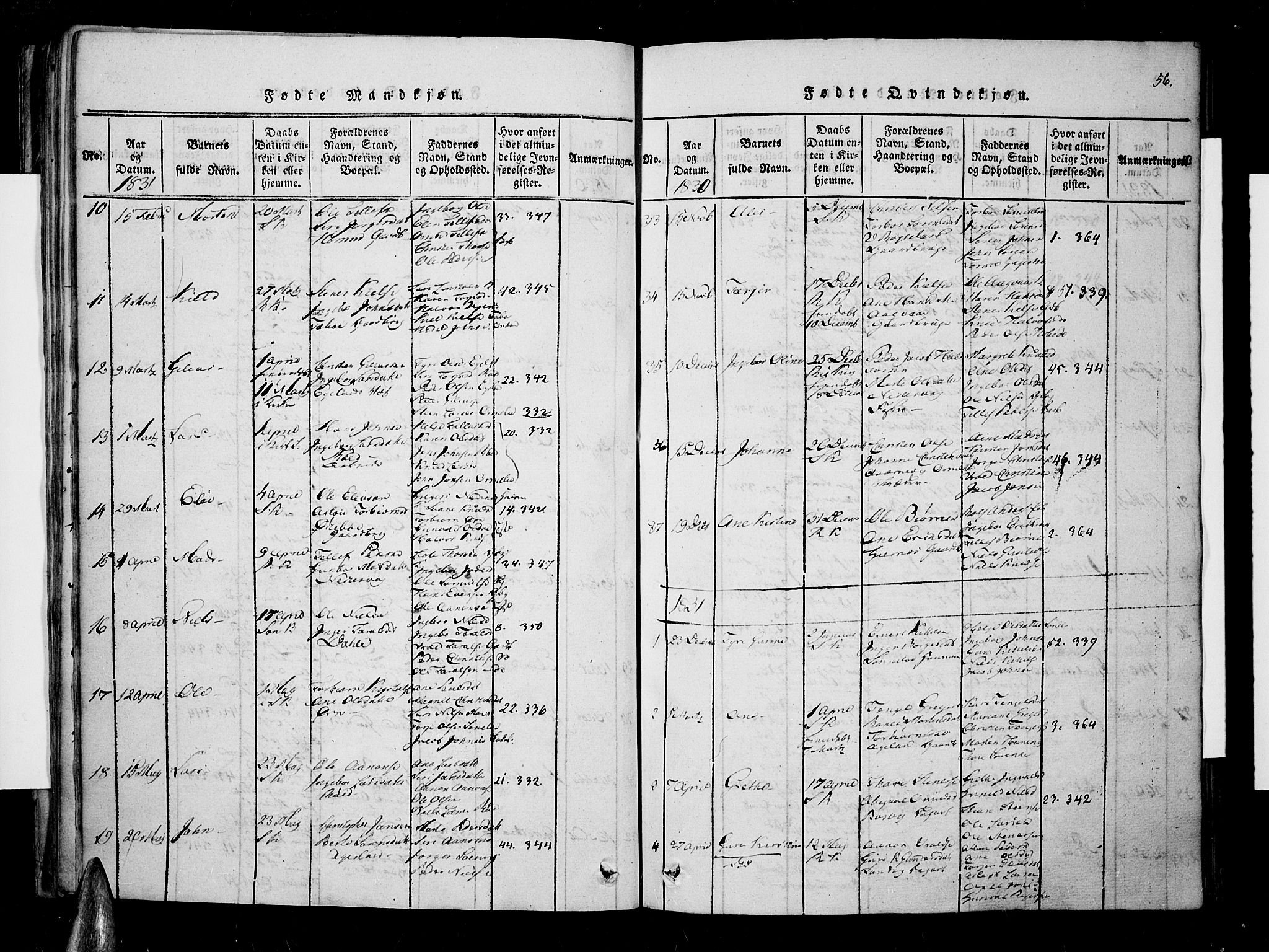 Søndeled sokneprestkontor, AV/SAK-1111-0038/F/Fa/L0001: Parish register (official) no. A 1, 1816-1838, p. 56