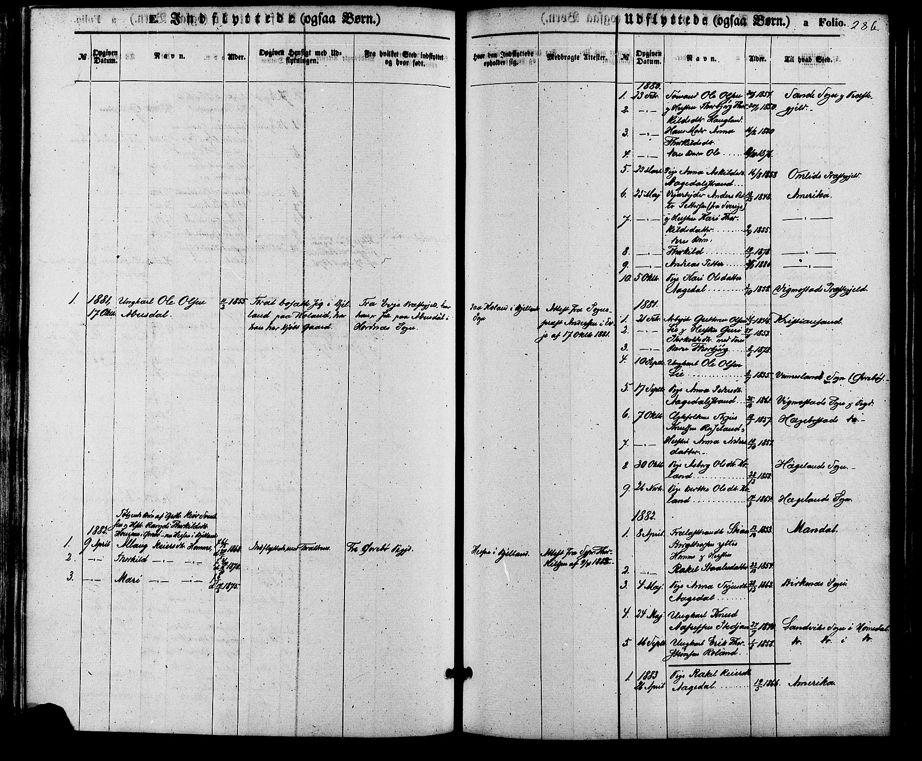 Bjelland sokneprestkontor, SAK/1111-0005/F/Fa/Faa/L0003: Parish register (official) no. A 3, 1867-1887, p. 286