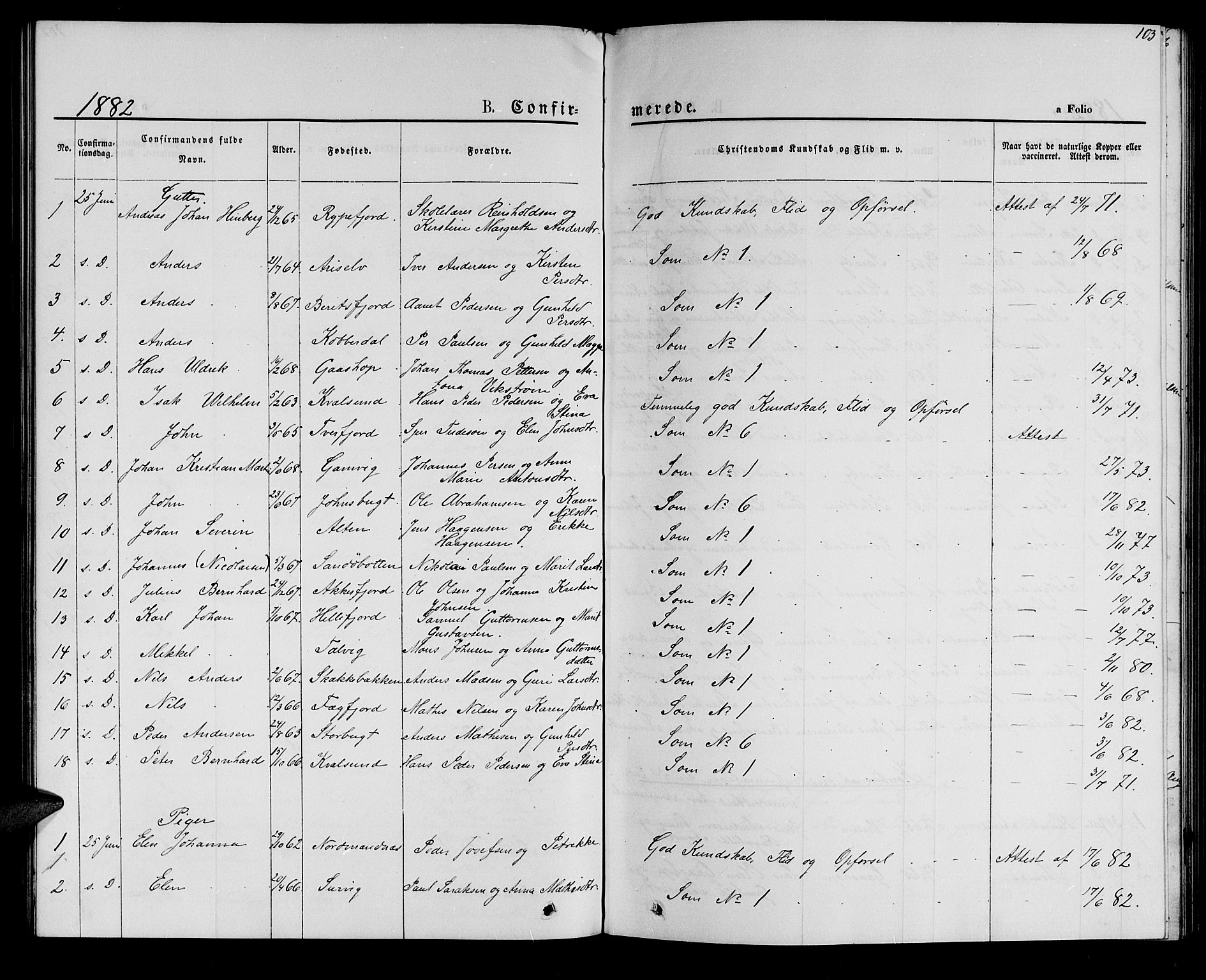 Hammerfest sokneprestkontor, SATØ/S-1347/H/Hb/L0005.klokk: Parish register (copy) no. 5, 1869-1884, p. 103
