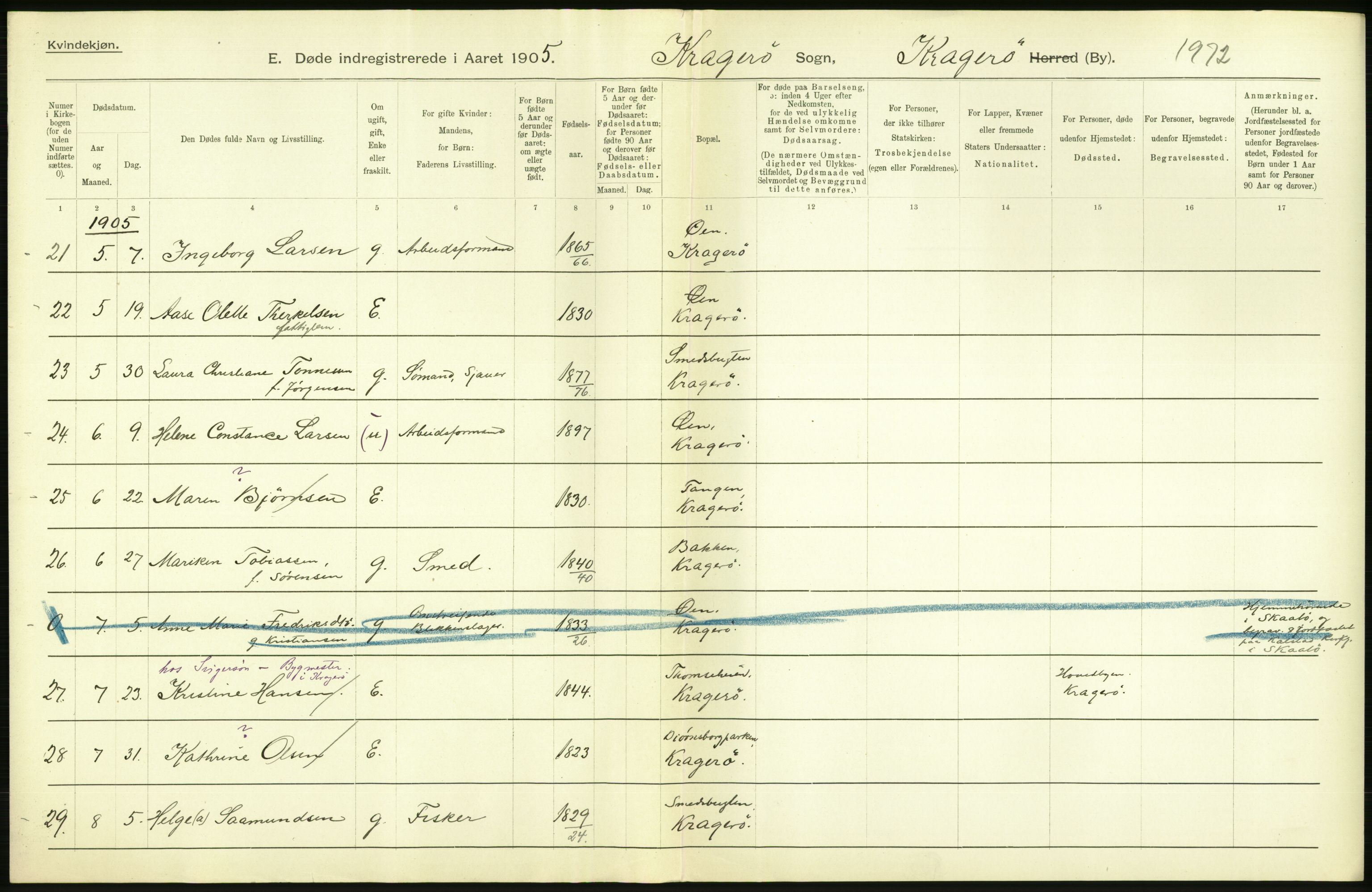 Statistisk sentralbyrå, Sosiodemografiske emner, Befolkning, AV/RA-S-2228/D/Df/Dfa/Dfac/L0043: Bratsberg - Lister og Mandals amt: Levendefødte menn og kvinner, gifte, døde, dødfødte. Byer., 1905, p. 214