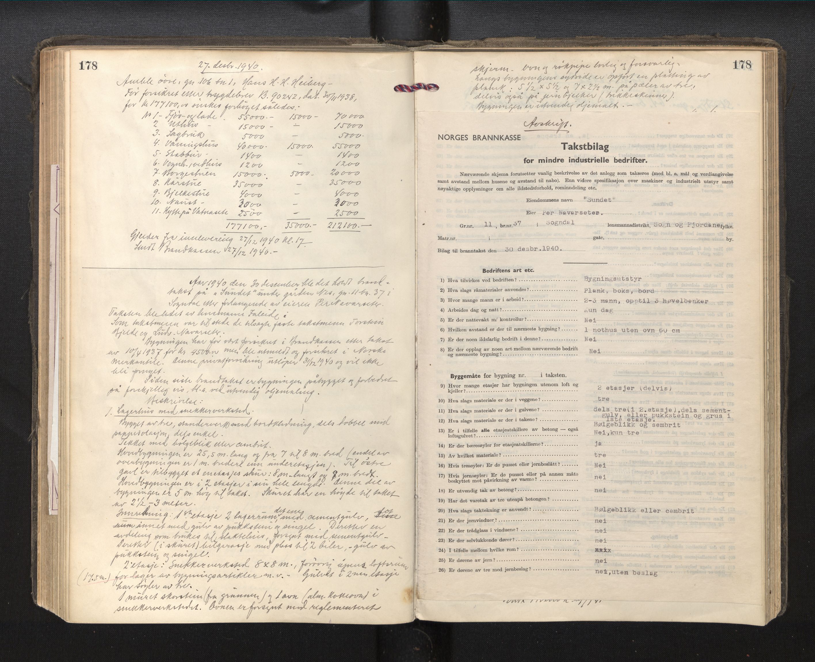 Lensmannen i Sogndal, AV/SAB-A-29901/0012/L0004: Branntakstprotokoll, 1917-1945, p. 178