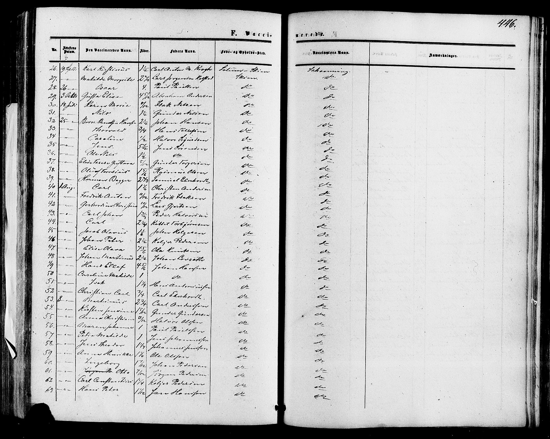 Skien kirkebøker, SAKO/A-302/F/Fa/L0007: Parish register (official) no. 7, 1856-1865, p. 446
