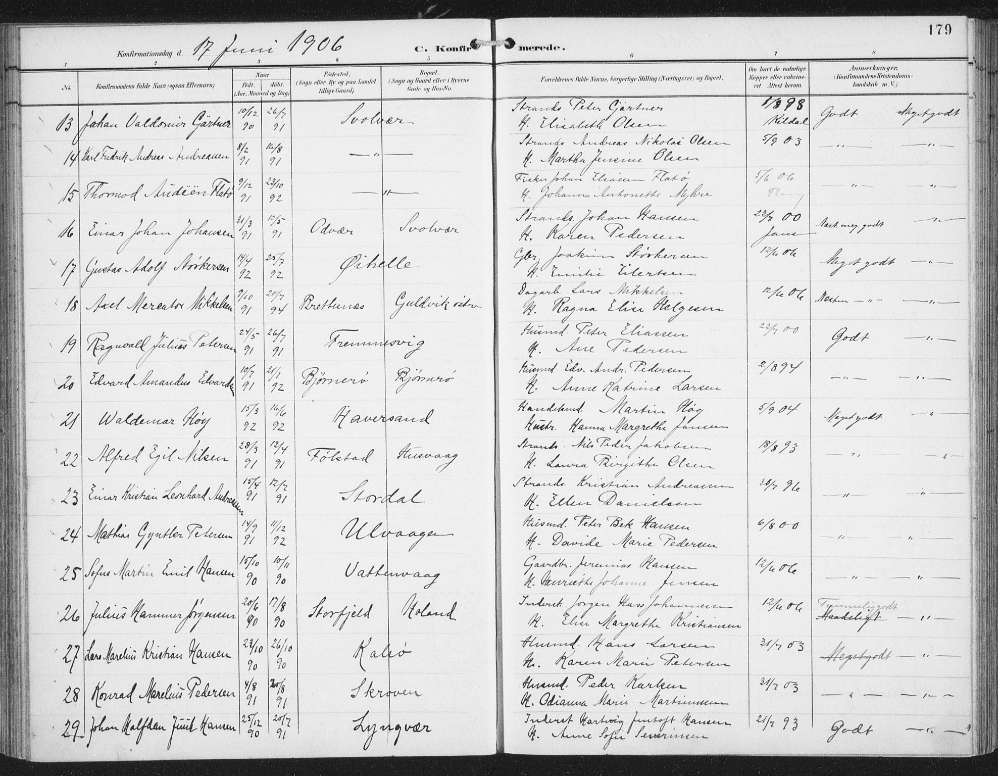 Ministerialprotokoller, klokkerbøker og fødselsregistre - Nordland, AV/SAT-A-1459/874/L1062: Parish register (official) no. 874A06, 1899-1907, p. 179