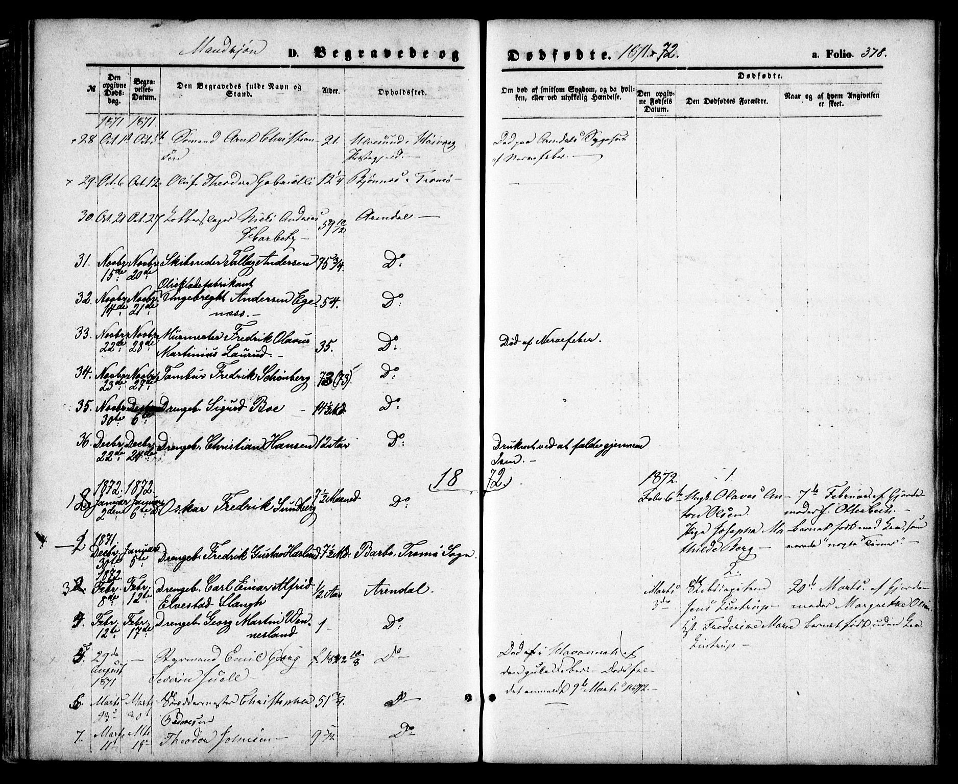 Arendal sokneprestkontor, Trefoldighet, SAK/1111-0040/F/Fa/L0007: Parish register (official) no. A 7, 1868-1878, p. 378