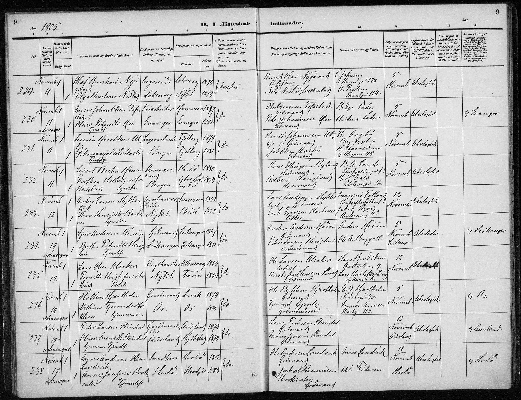 Nykirken Sokneprestembete, AV/SAB-A-77101/H/Haa/L0035: Parish register (official) no. D 5, 1905-1913, p. 9