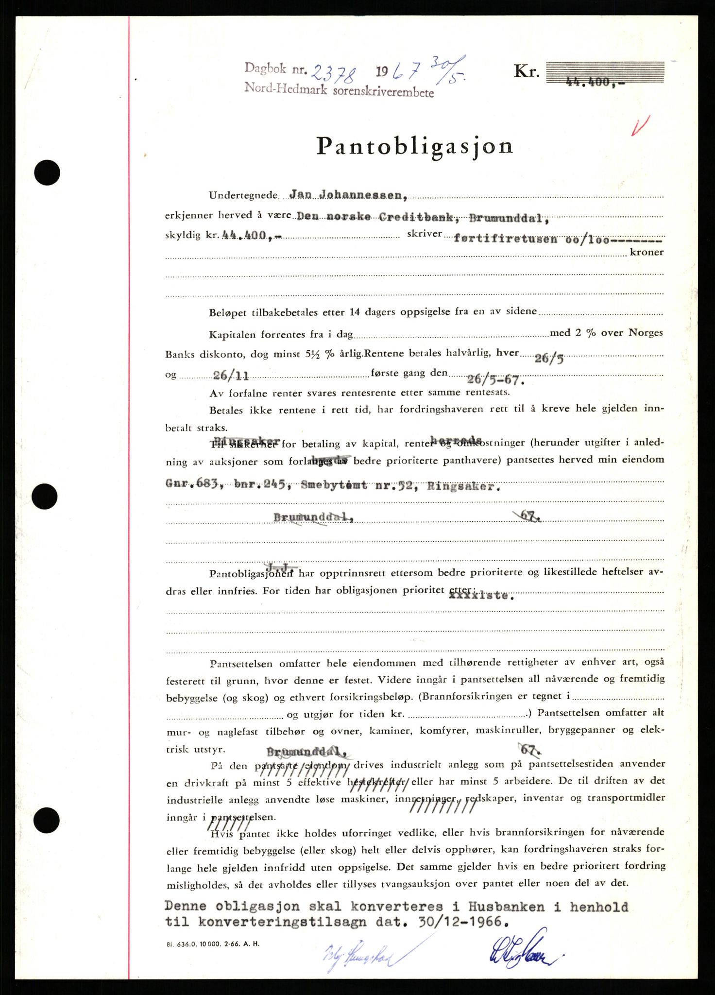 Nord-Hedmark sorenskriveri, SAH/TING-012/H/Hb/Hbf/L0071: Mortgage book no. B71, 1967-1967, Diary no: : 2378/1967
