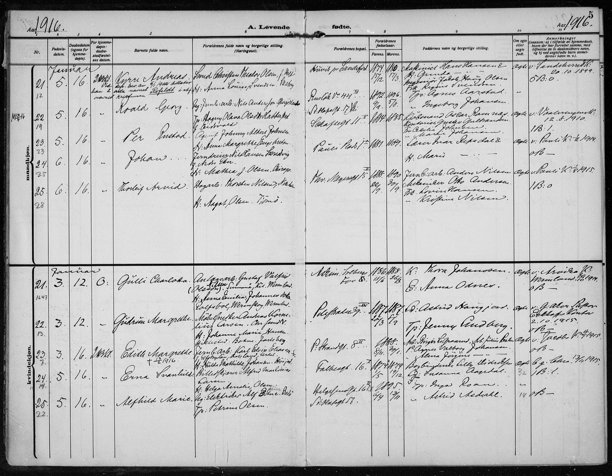 Rikshospitalet prestekontor Kirkebøker, AV/SAO-A-10309b/F/L0016: Parish register (official) no. 16, 1916-1918, p. 5