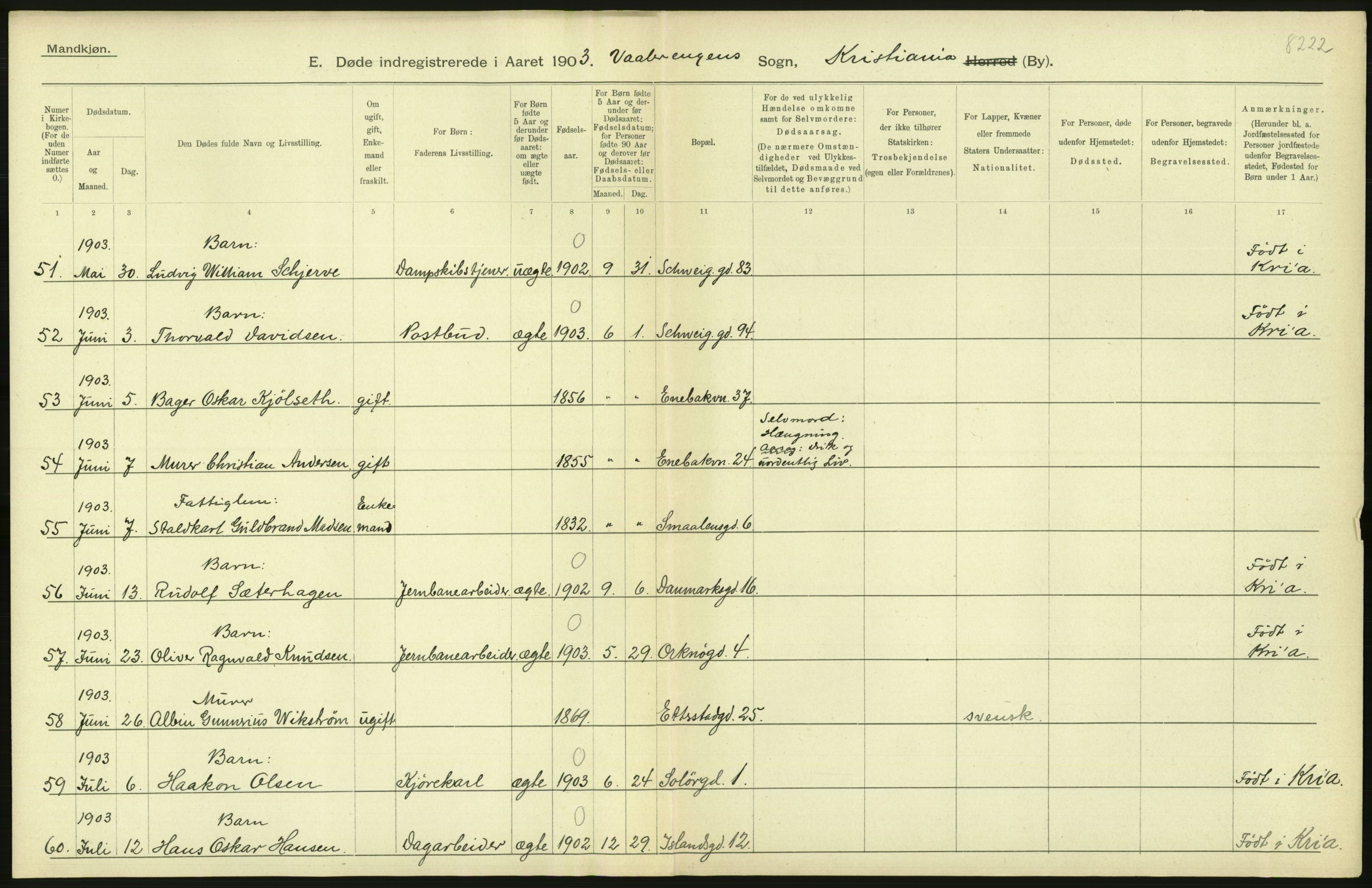 Statistisk sentralbyrå, Sosiodemografiske emner, Befolkning, AV/RA-S-2228/D/Df/Dfa/Dfaa/L0004: Kristiania: Gifte, døde, 1903, p. 422