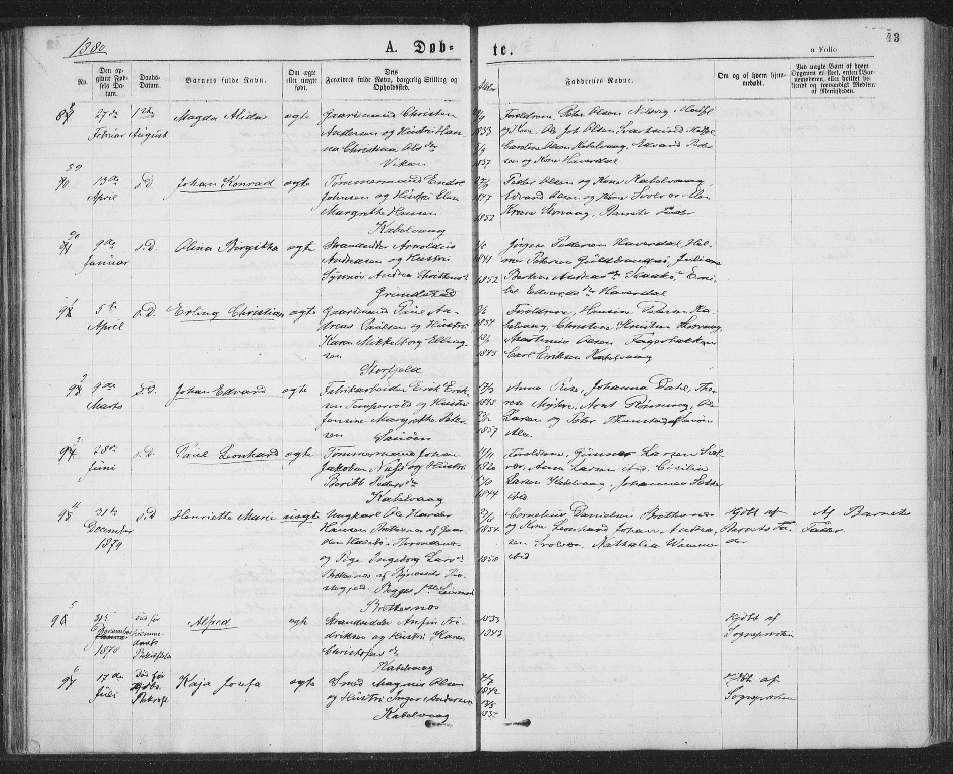 Ministerialprotokoller, klokkerbøker og fødselsregistre - Nordland, SAT/A-1459/874/L1058: Parish register (official) no. 874A02, 1878-1883, p. 43