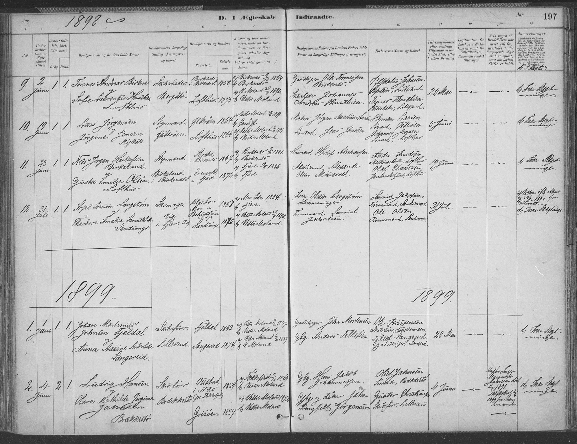 Vestre Moland sokneprestkontor, SAK/1111-0046/F/Fa/Fab/L0009: Parish register (official) no. A 9, 1884-1899, p. 197