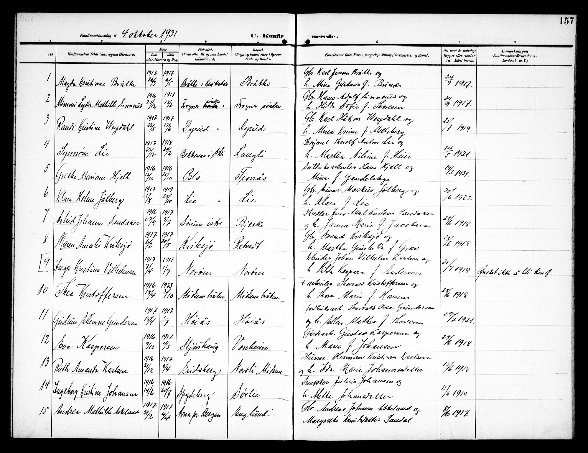 Kråkstad prestekontor Kirkebøker, AV/SAO-A-10125a/G/Ga/L0002: Parish register (copy) no. I 2, 1905-1934, p. 157
