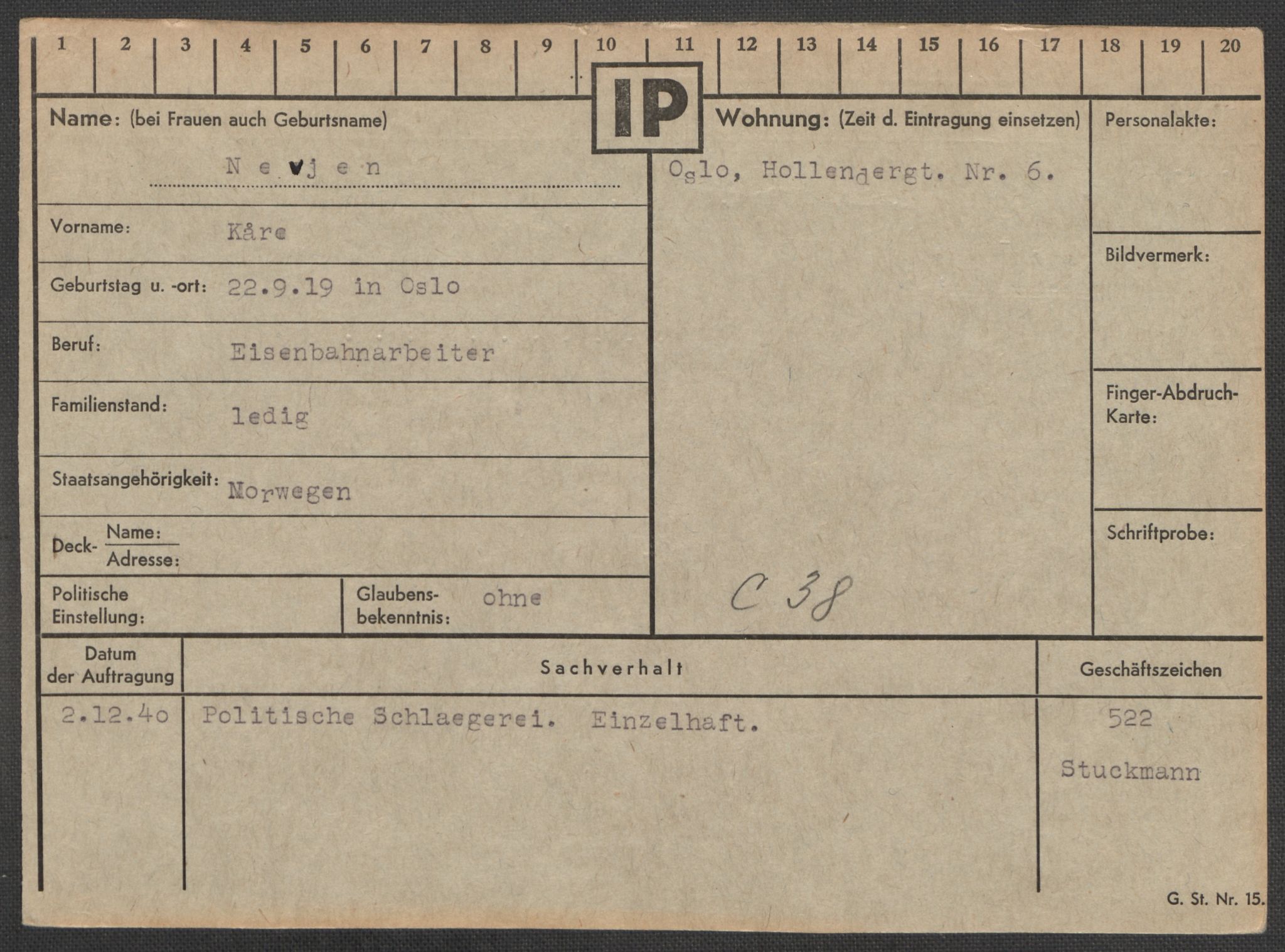 Befehlshaber der Sicherheitspolizei und des SD, AV/RA-RAFA-5969/E/Ea/Eaa/L0007: Register over norske fanger i Møllergata 19: Lundb-N, 1940-1945, p. 1042