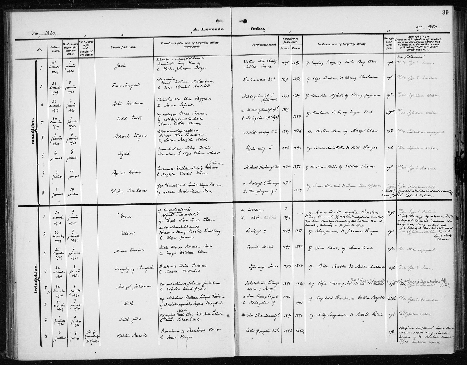 Fødselsstiftelsens sokneprestembete*, SAB/-: Parish register (official) no. A 5, 1918-1926, p. 39