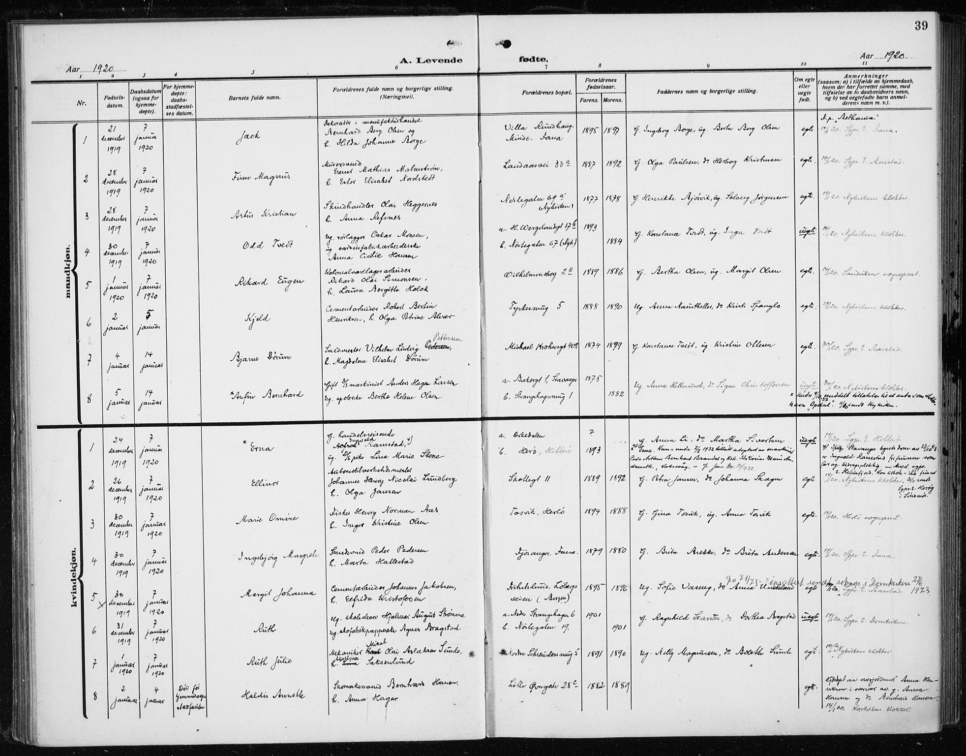 Fødselsstiftelsens sokneprestembete*, SAB/-: Parish register (official) no. A 5, 1918-1926, p. 39