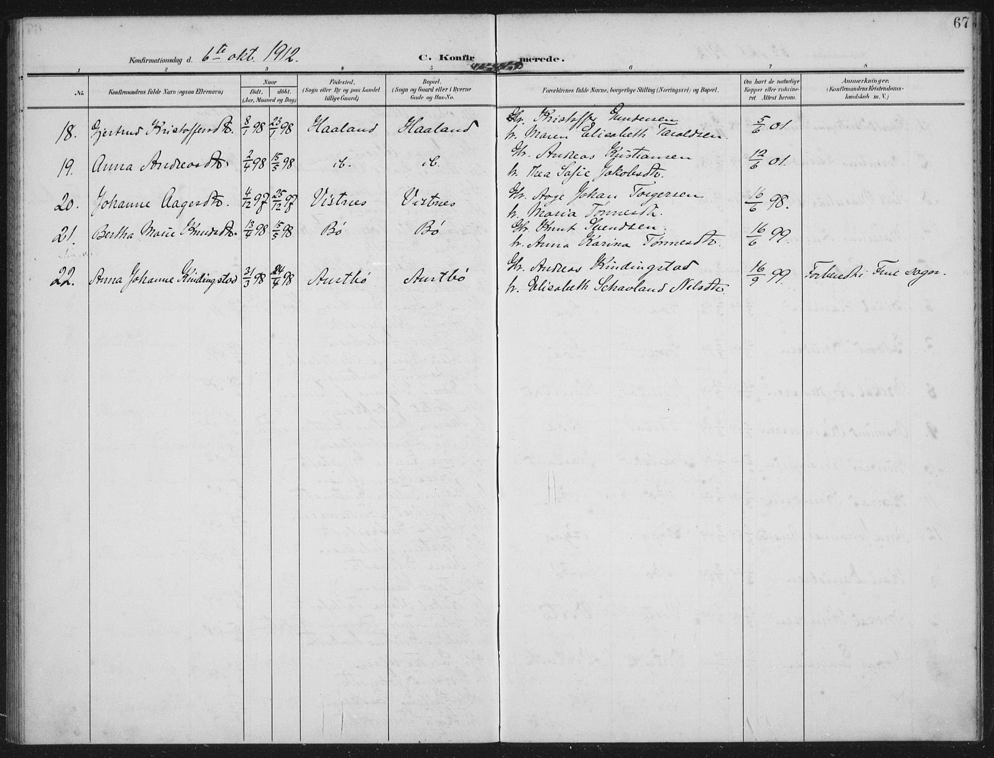 Hetland sokneprestkontor, AV/SAST-A-101826/30/30BA: Parish register (official) no. A 14, 1905-1919, p. 67