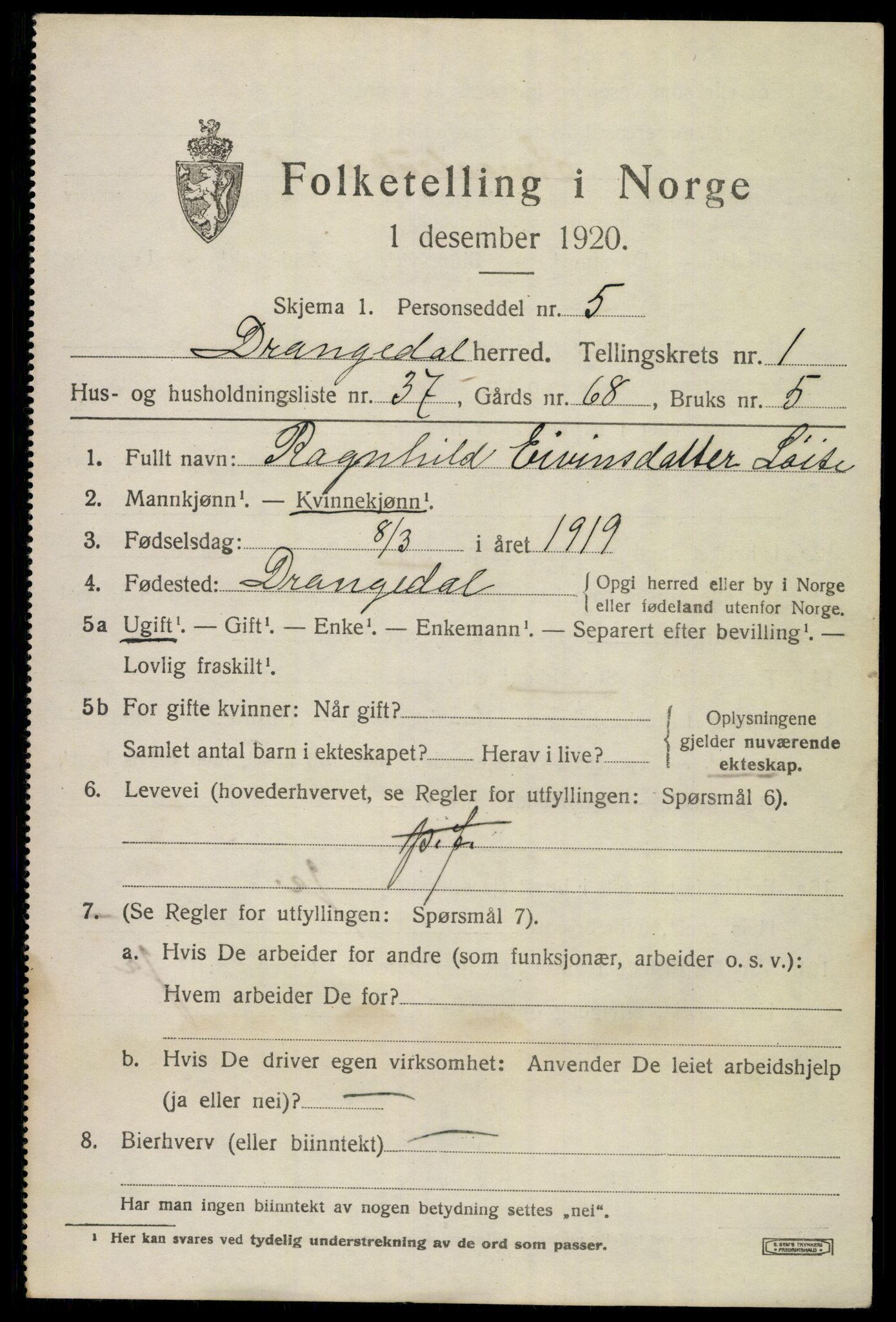 SAKO, 1920 census for Drangedal, 1920, p. 2067